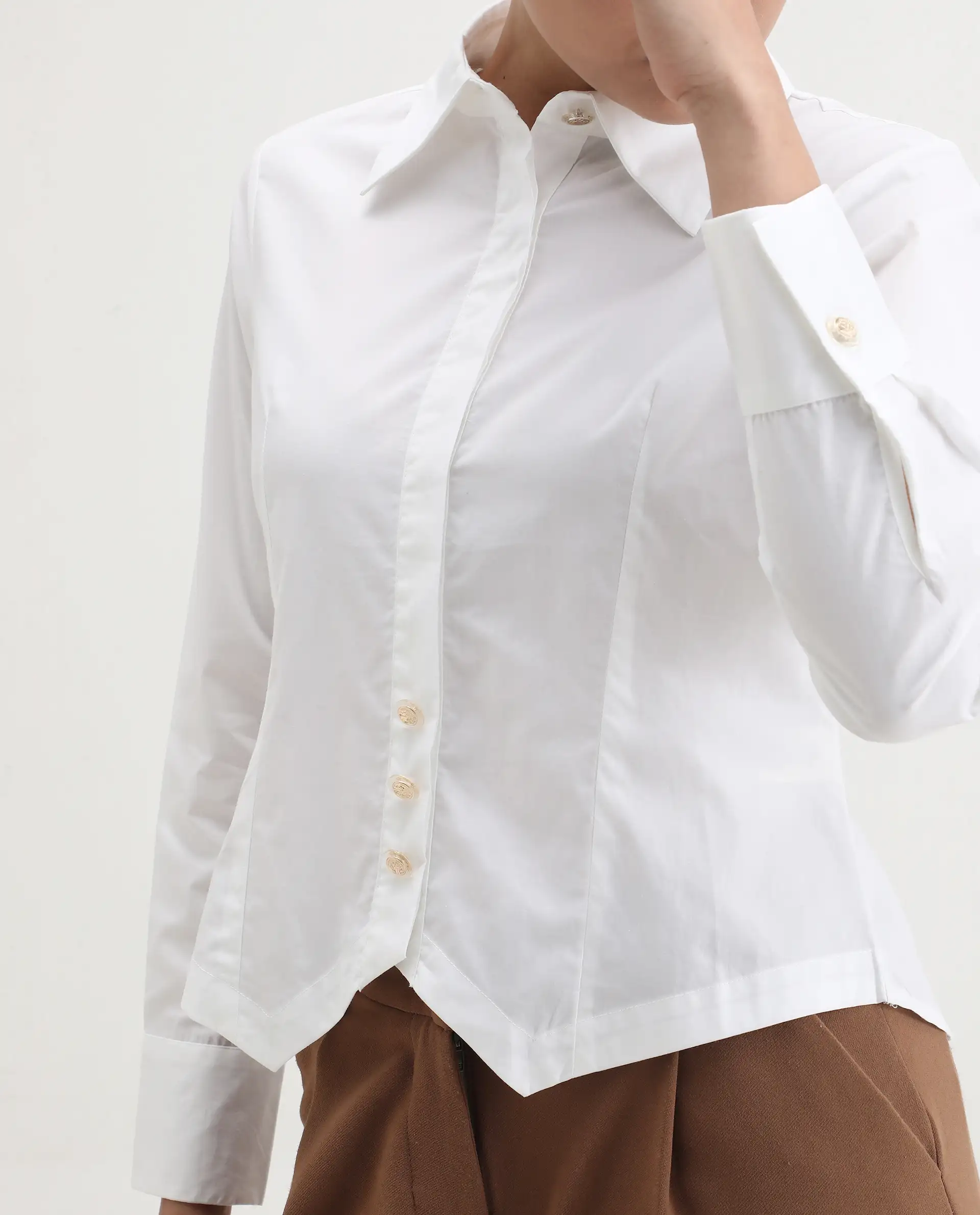 Rareism Women's Hikpo White Cotton Drop Collar Plain Cuffed Sleeve Regular Fit Shirt - Image 3