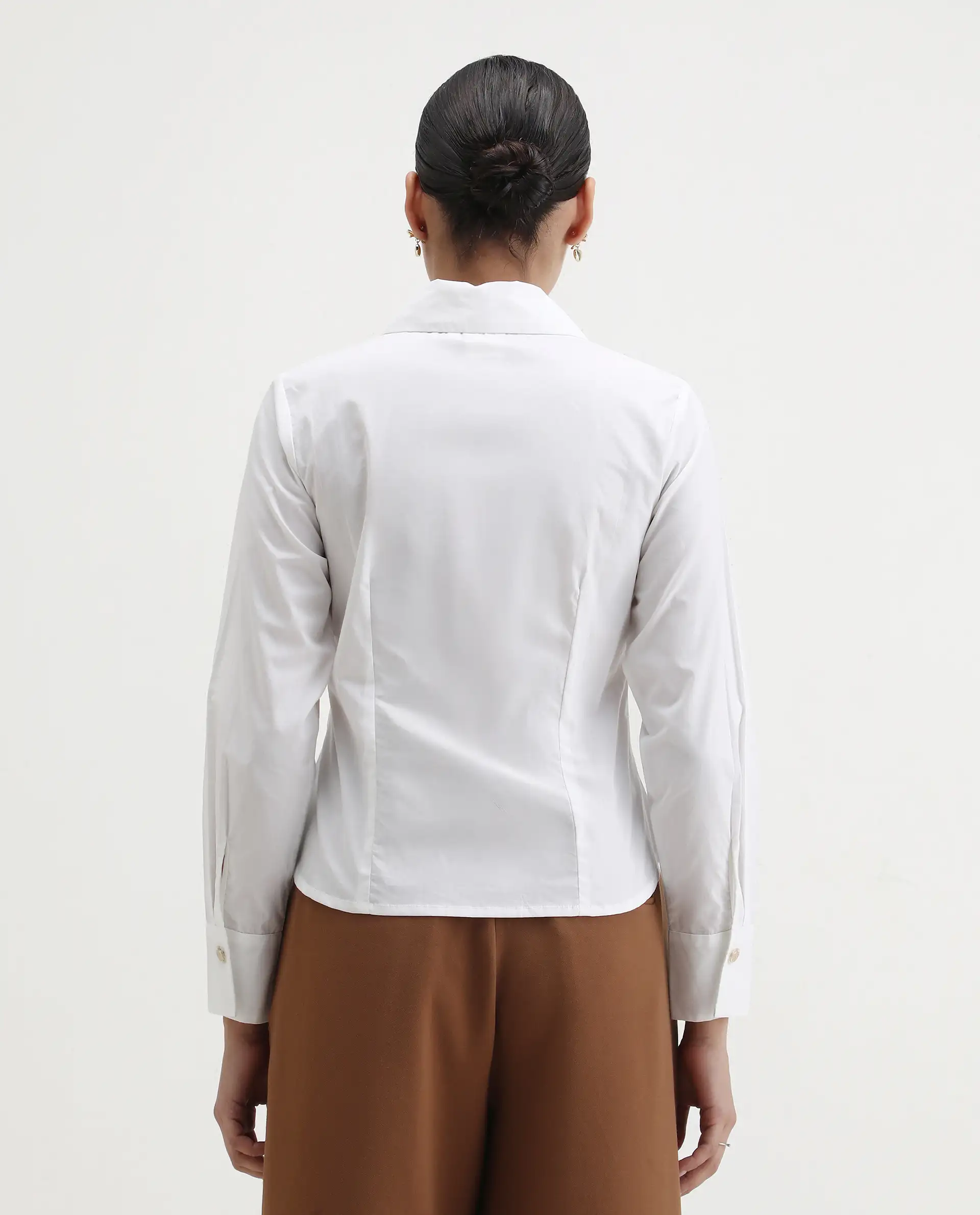 Rareism Women's Hikpo White Cotton Drop Collar Plain Cuffed Sleeve Regular Fit Shirt - Image 4