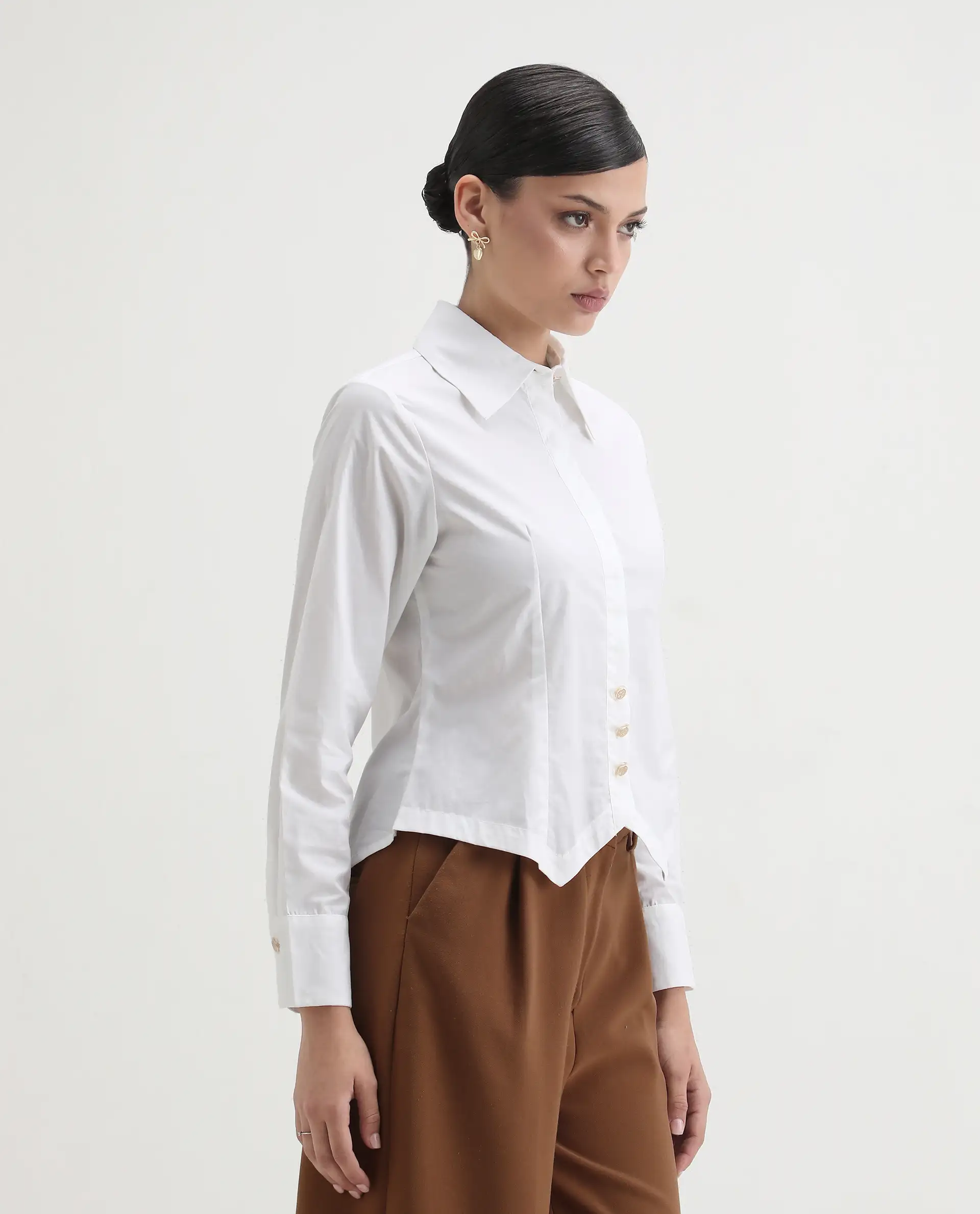 Rareism Women's Hikpo White Cotton Drop Collar Plain Cuffed Sleeve Regular Fit Shirt - Image 5