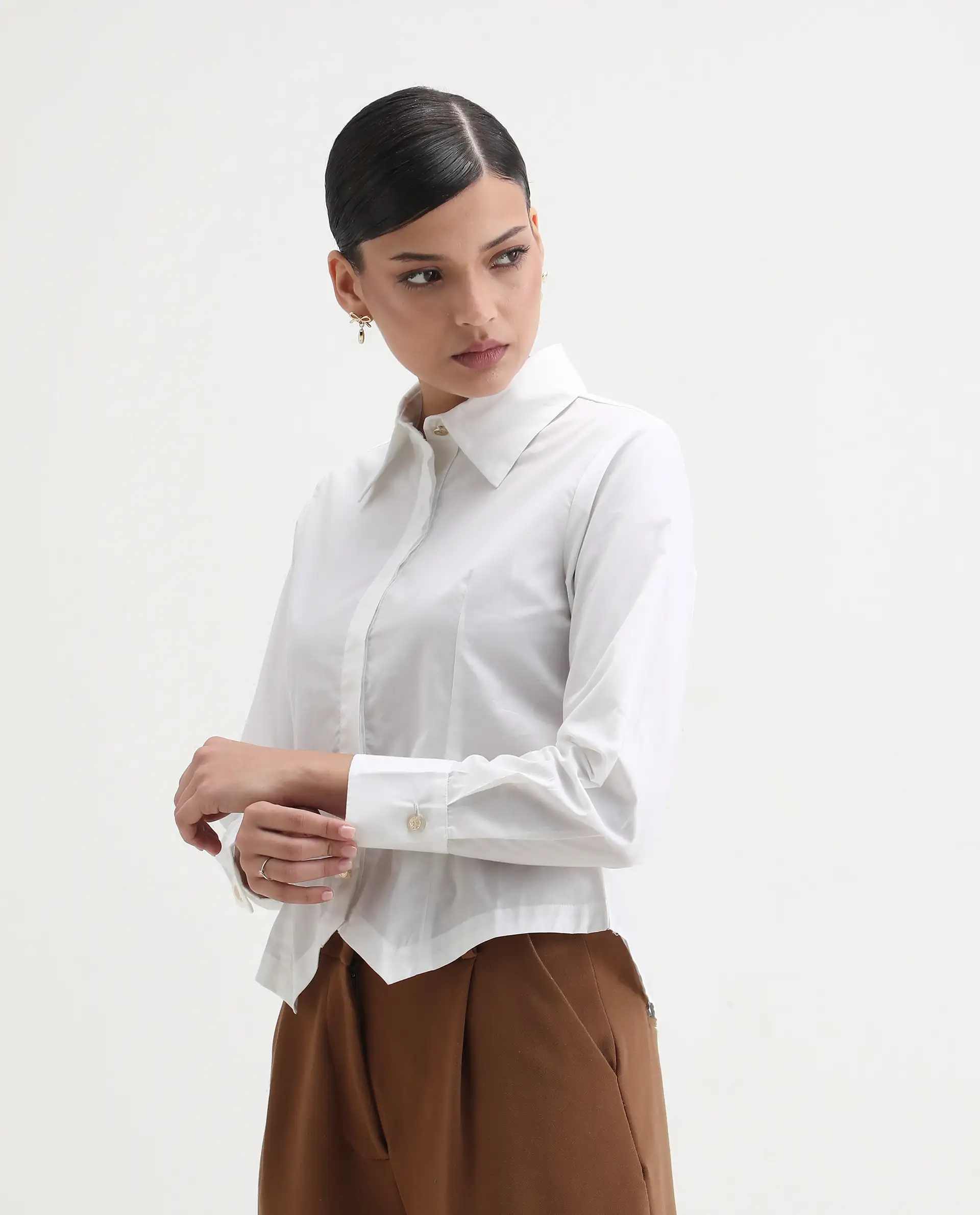Rareism Women's Hikpo White Cotton Drop Collar Plain Cuffed Sleeve Regular Fit Shirt - Image 6