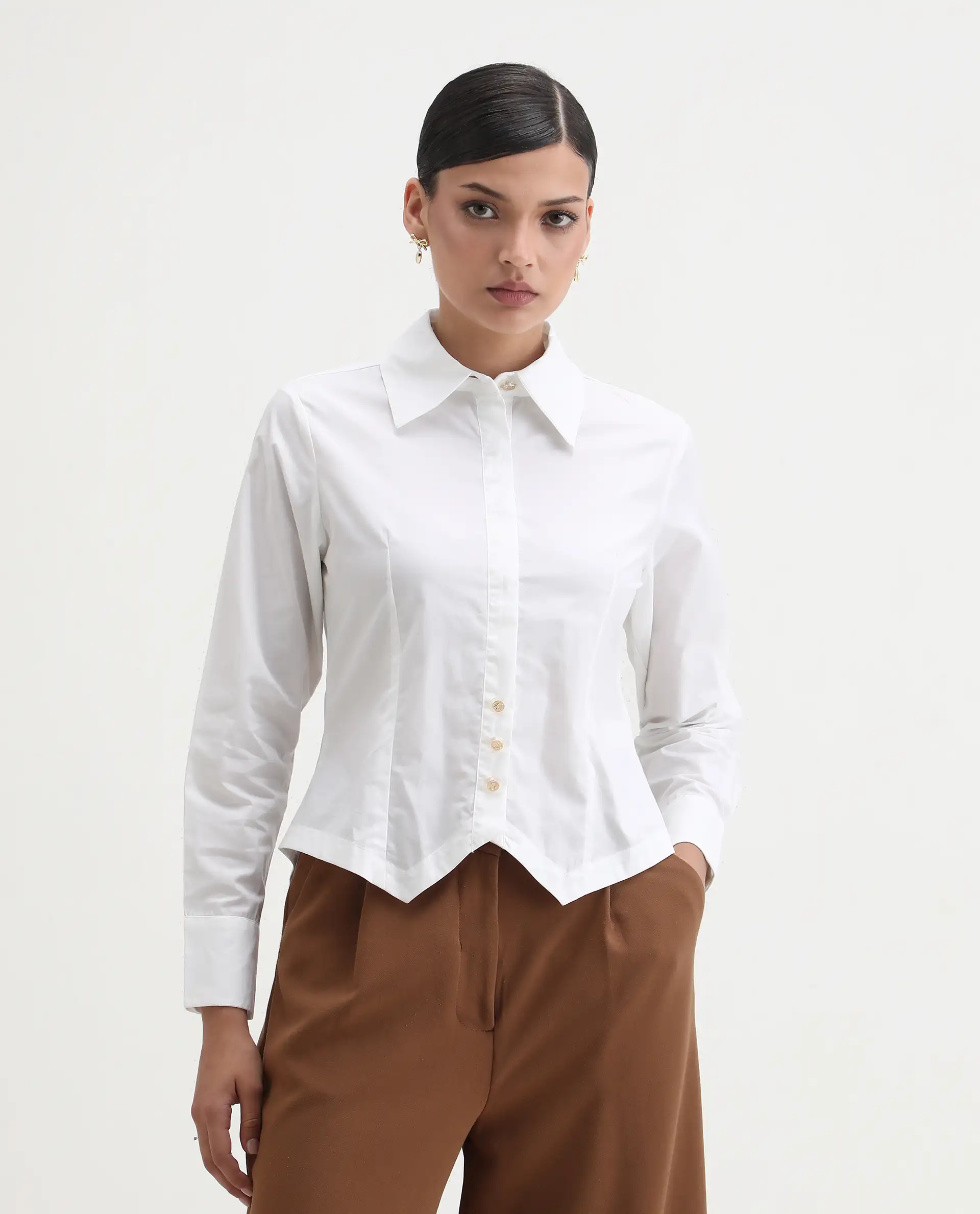 Rareism Women's Hikpo White Cotton Drop Collar Plain Cuffed Sleeve Regular Fit Shirt - Image 7