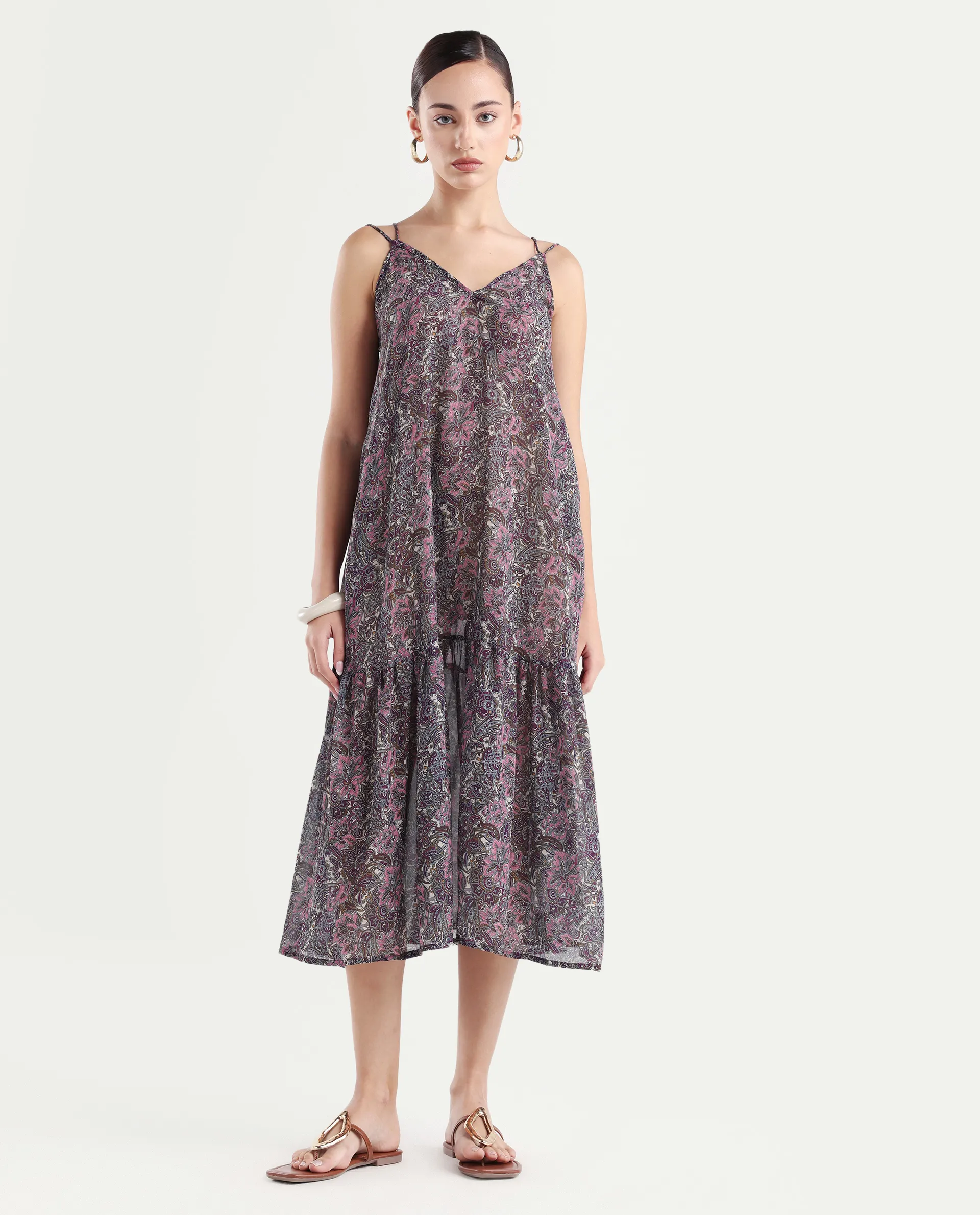 Rareism Women's Hilda Pink V-Neck Abstract Print Sleeveless Knee Length Regular Fit Dress - Image 2