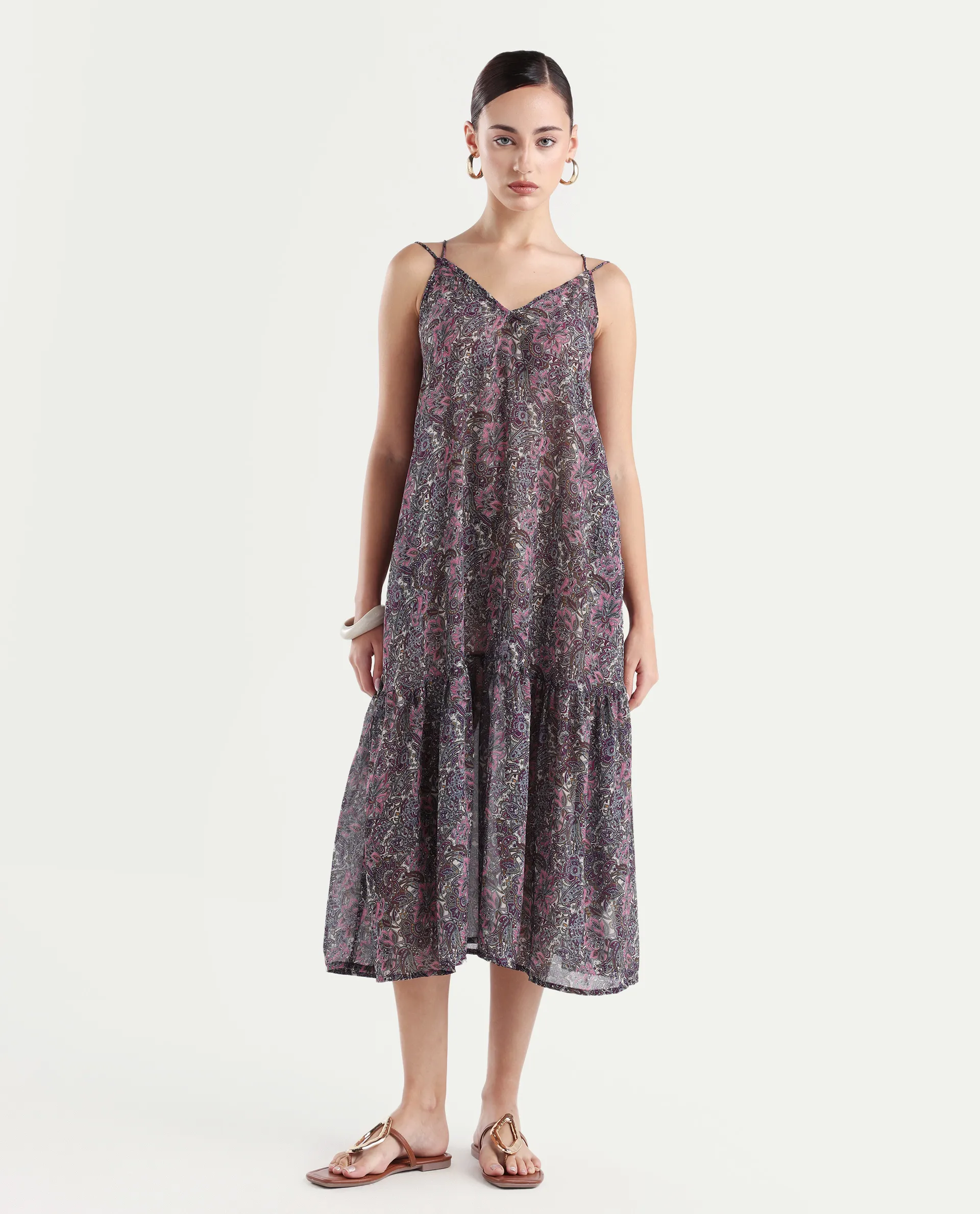 Rareism Women's Hilda Pink V-Neck Abstract Print Sleeveless Knee Length Regular Fit Dress - Image 3