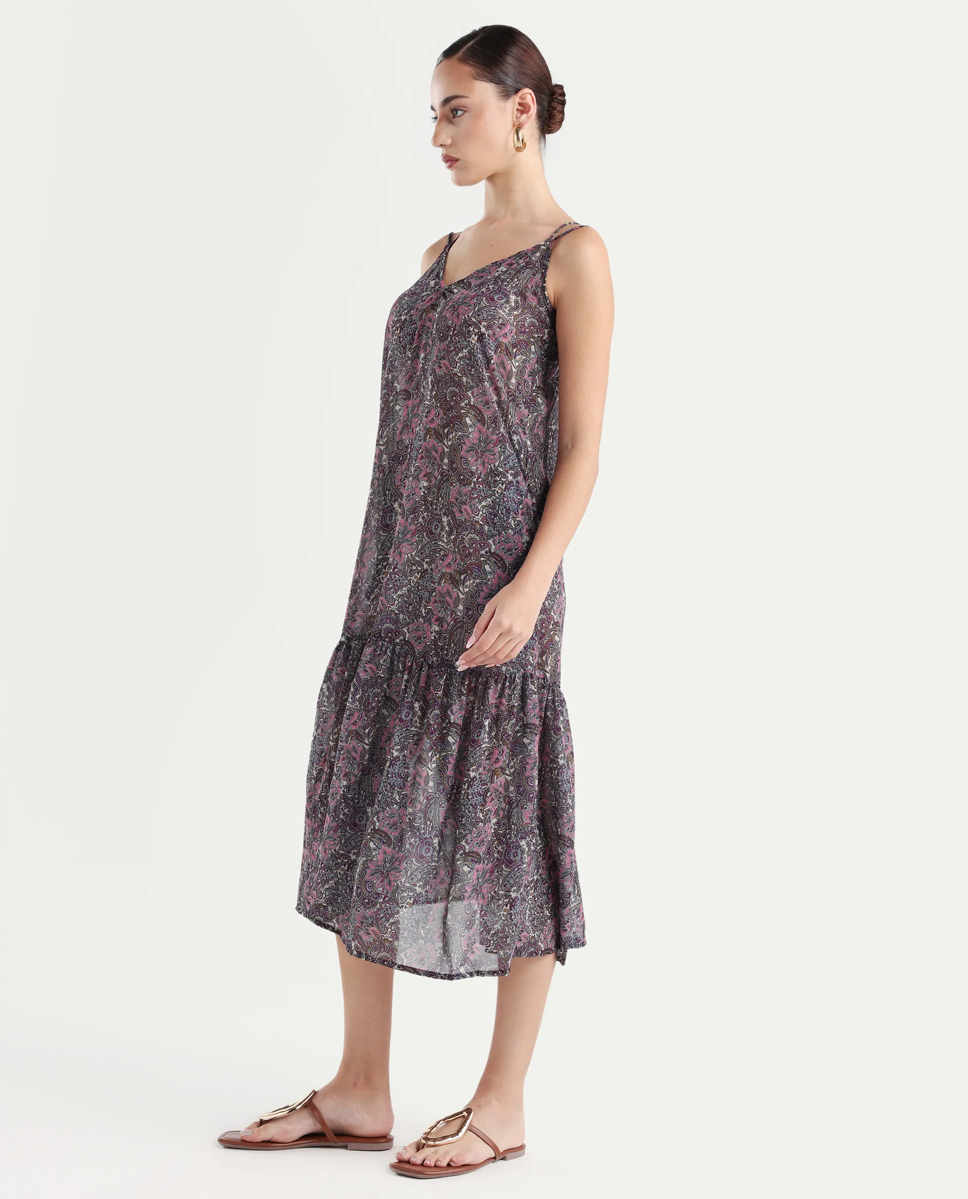 Rareism Women's Hilda Pink V-Neck Abstract Print Sleeveless Knee Length Regular Fit Dress - Image 4
