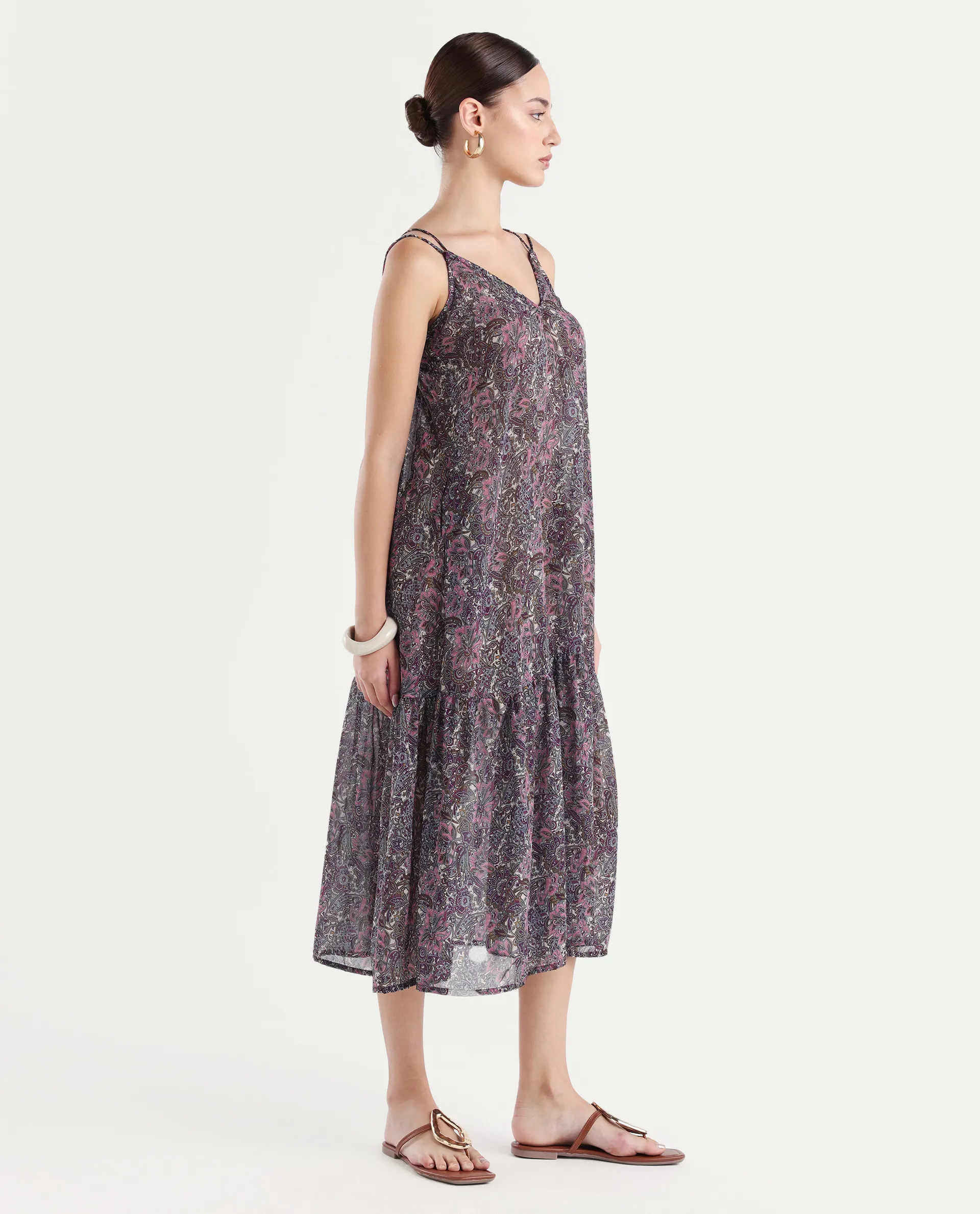 Rareism Women's Hilda Pink V-Neck Abstract Print Sleeveless Knee Length Regular Fit Dress - Image 5