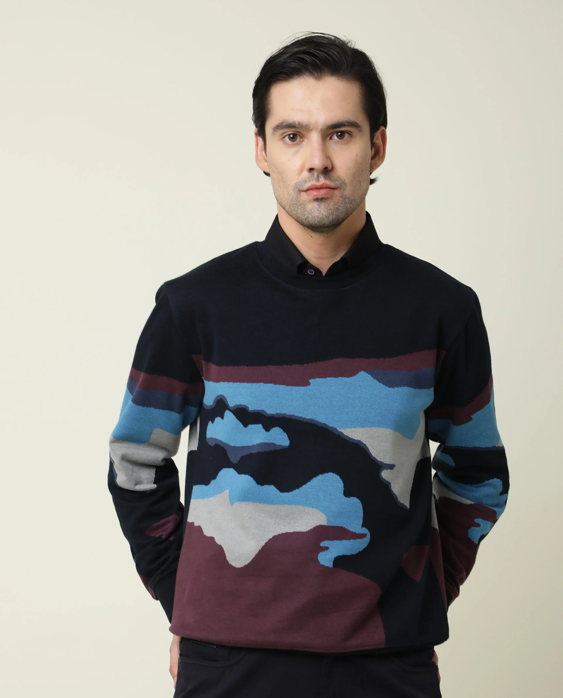 Rare Rabbit Men's Hill Navy Cotton Jacquard Slim Fit Full Sleeve Crew Neck Sweatshirt