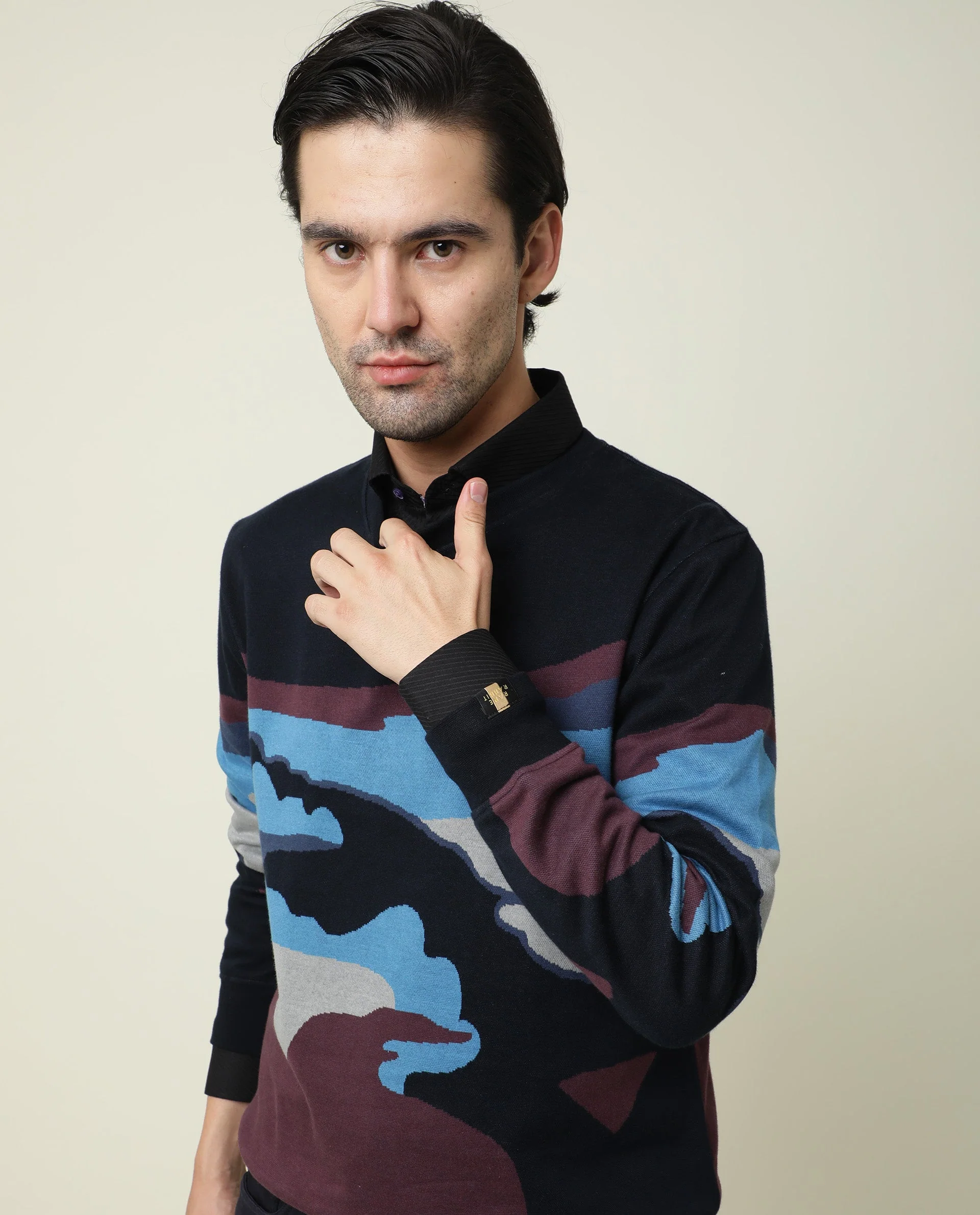 Rare Rabbit Men's Hill Navy Cotton Jacquard Slim Fit Full Sleeve Crew Neck Sweatshirt - Image 2