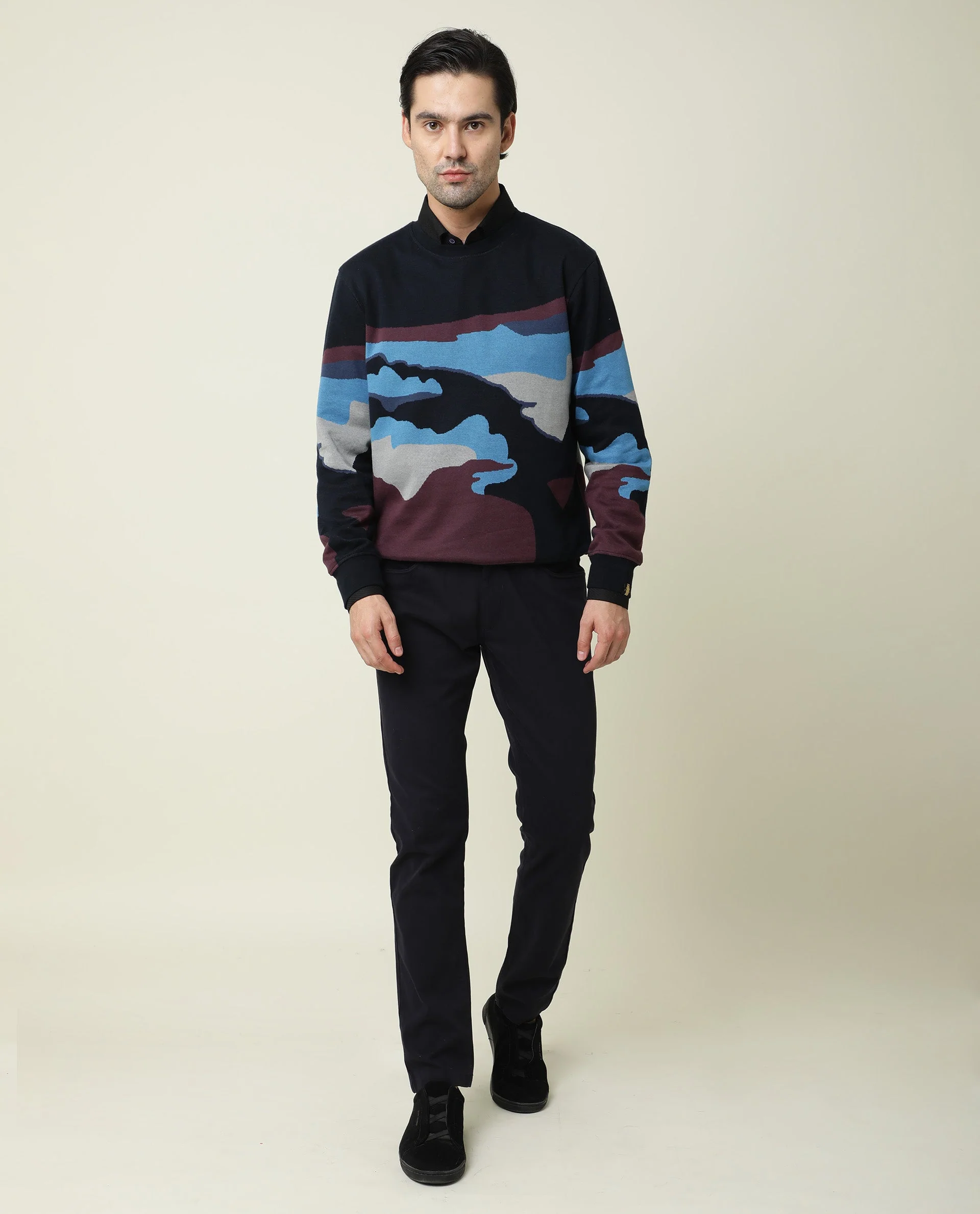 Rare Rabbit Men's Hill Navy Cotton Jacquard Slim Fit Full Sleeve Crew Neck Sweatshirt - Image 3
