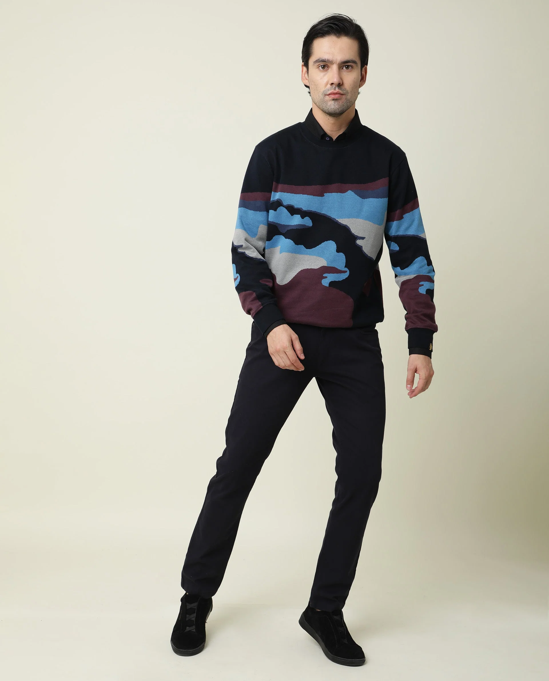 Rare Rabbit Men's Hill Navy Cotton Jacquard Slim Fit Full Sleeve Crew Neck Sweatshirt - Image 4