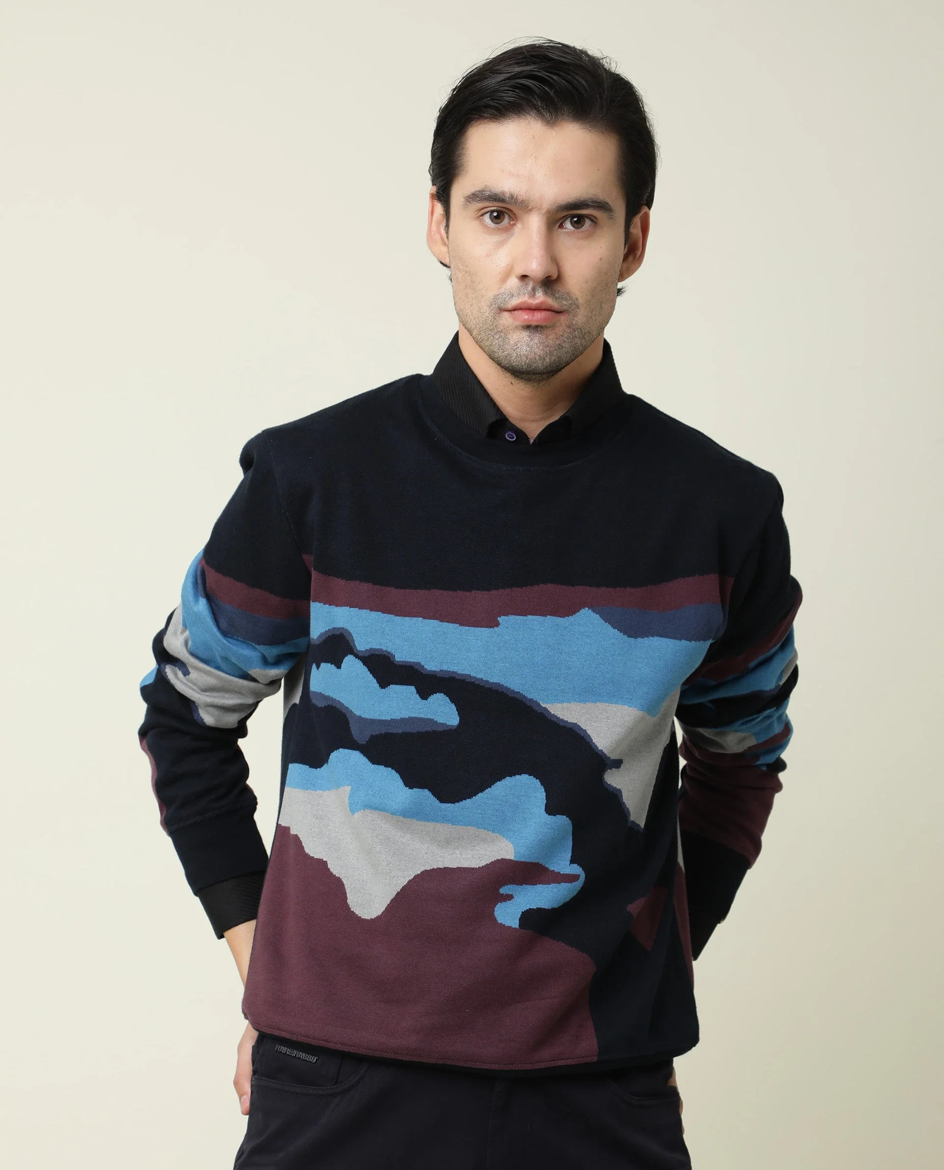Rare Rabbit Men's Hill Navy Cotton Jacquard Slim Fit Full Sleeve Crew Neck Sweatshirt - Image 5