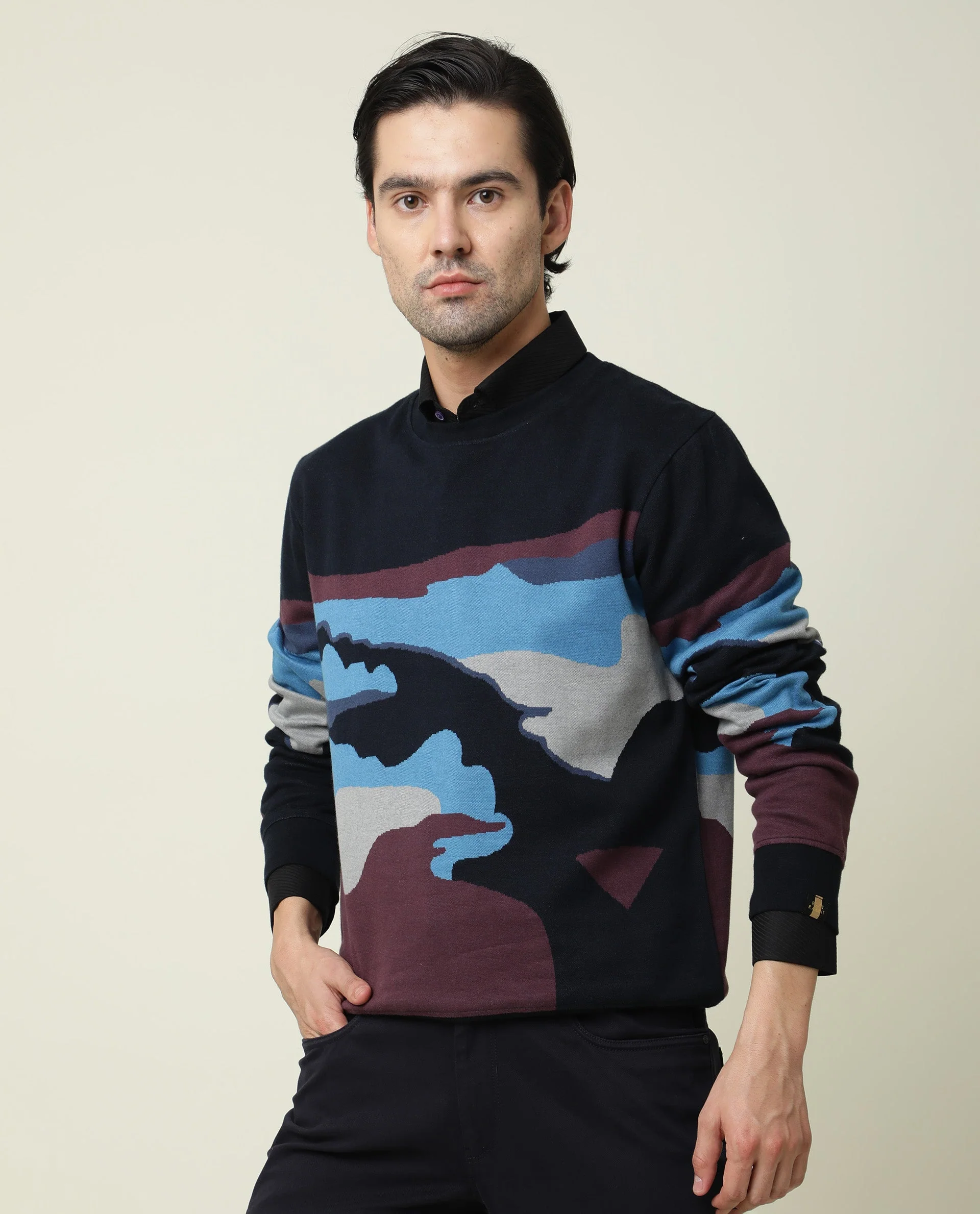 Rare Rabbit Men's Hill Navy Cotton Jacquard Slim Fit Full Sleeve Crew Neck Sweatshirt - Image 6