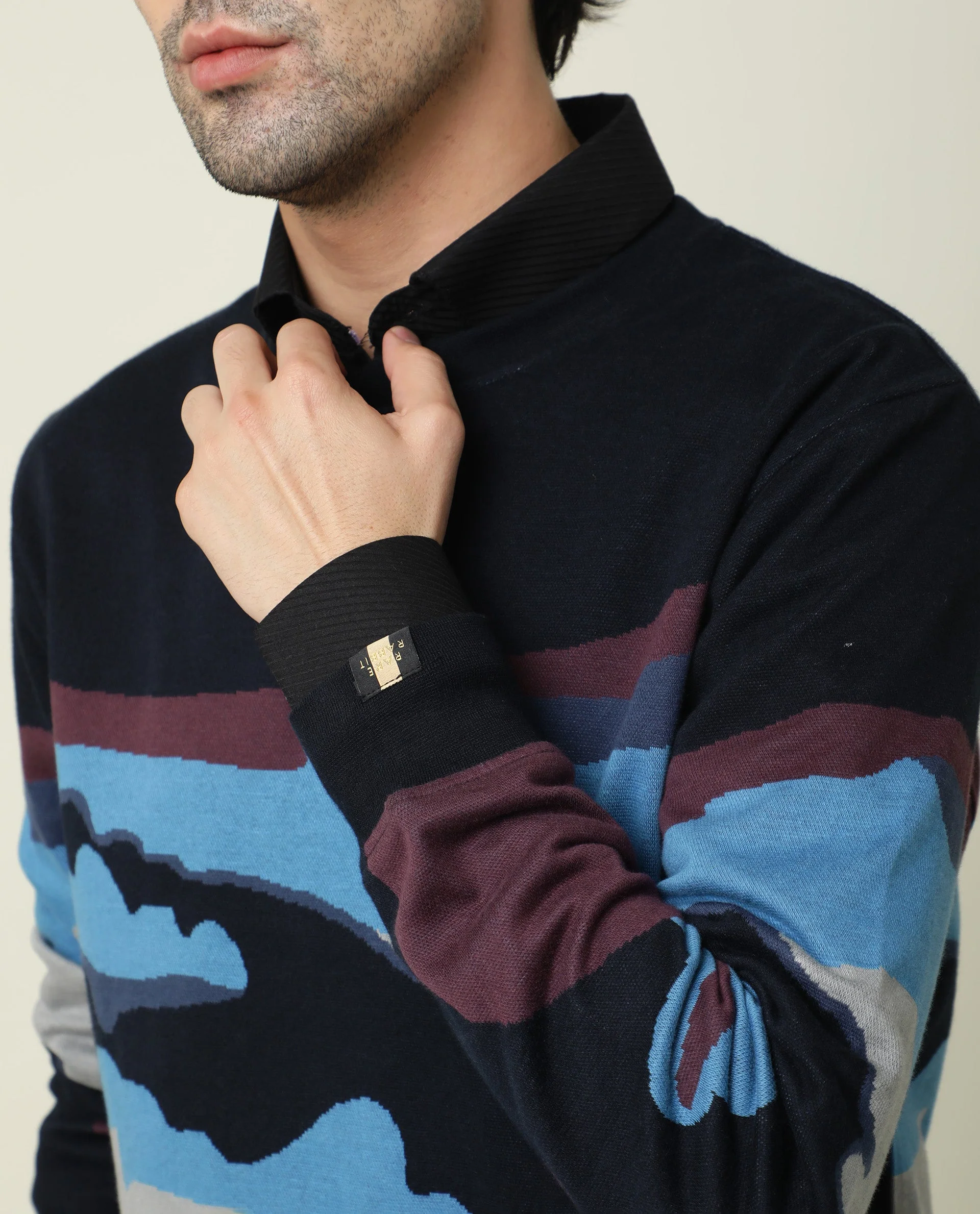Rare Rabbit Men's Hill Navy Cotton Jacquard Slim Fit Full Sleeve Crew Neck Sweatshirt - Image 7