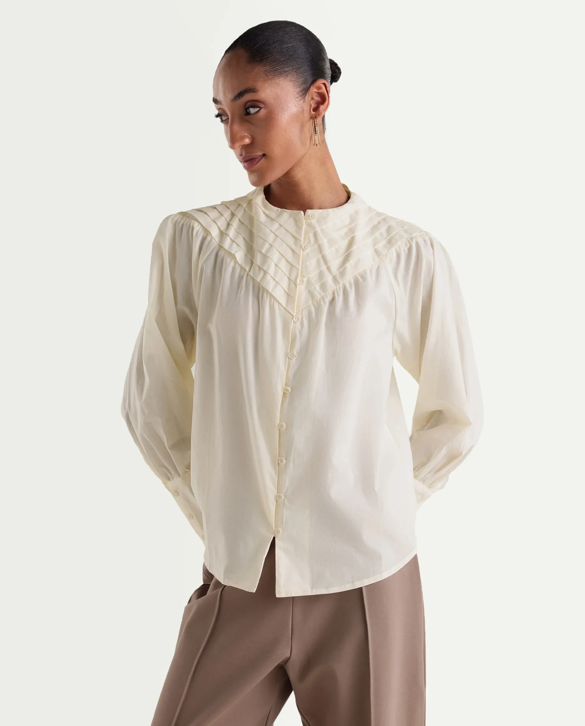 Rareism Women's Hilm Primary Beige Cotton Full Sleeve Crew Neck Regular Fit Top - Image 3