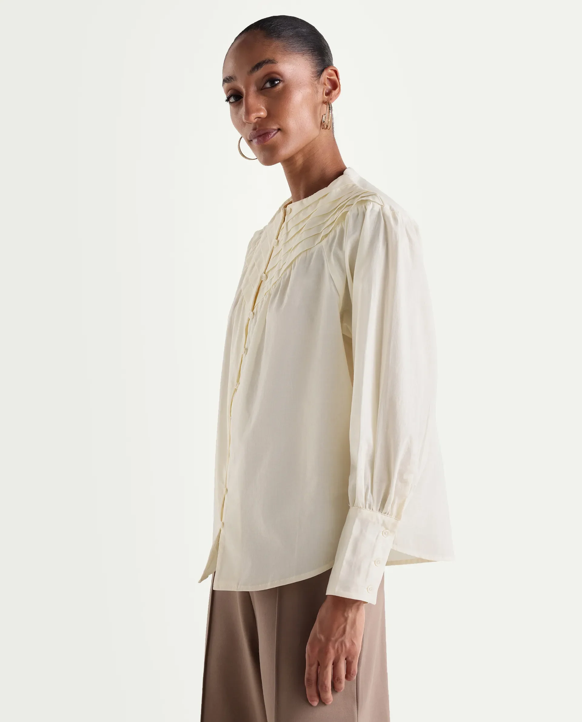 Rareism Women's Hilm Primary Beige Cotton Full Sleeve Crew Neck Regular Fit Top - Image 5