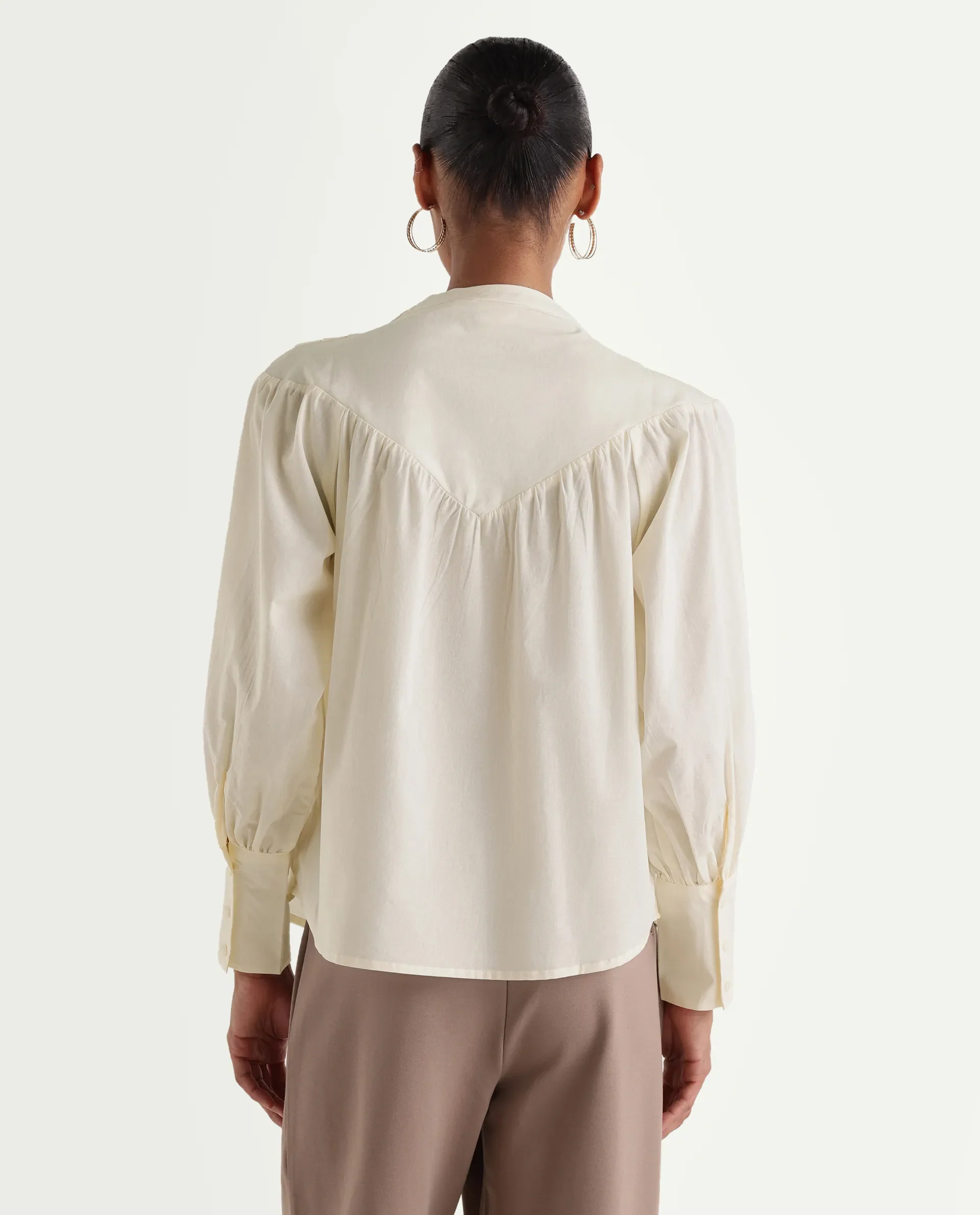 Rareism Women's Hilm Primary Beige Cotton Full Sleeve Crew Neck Regular Fit Top - Image 7