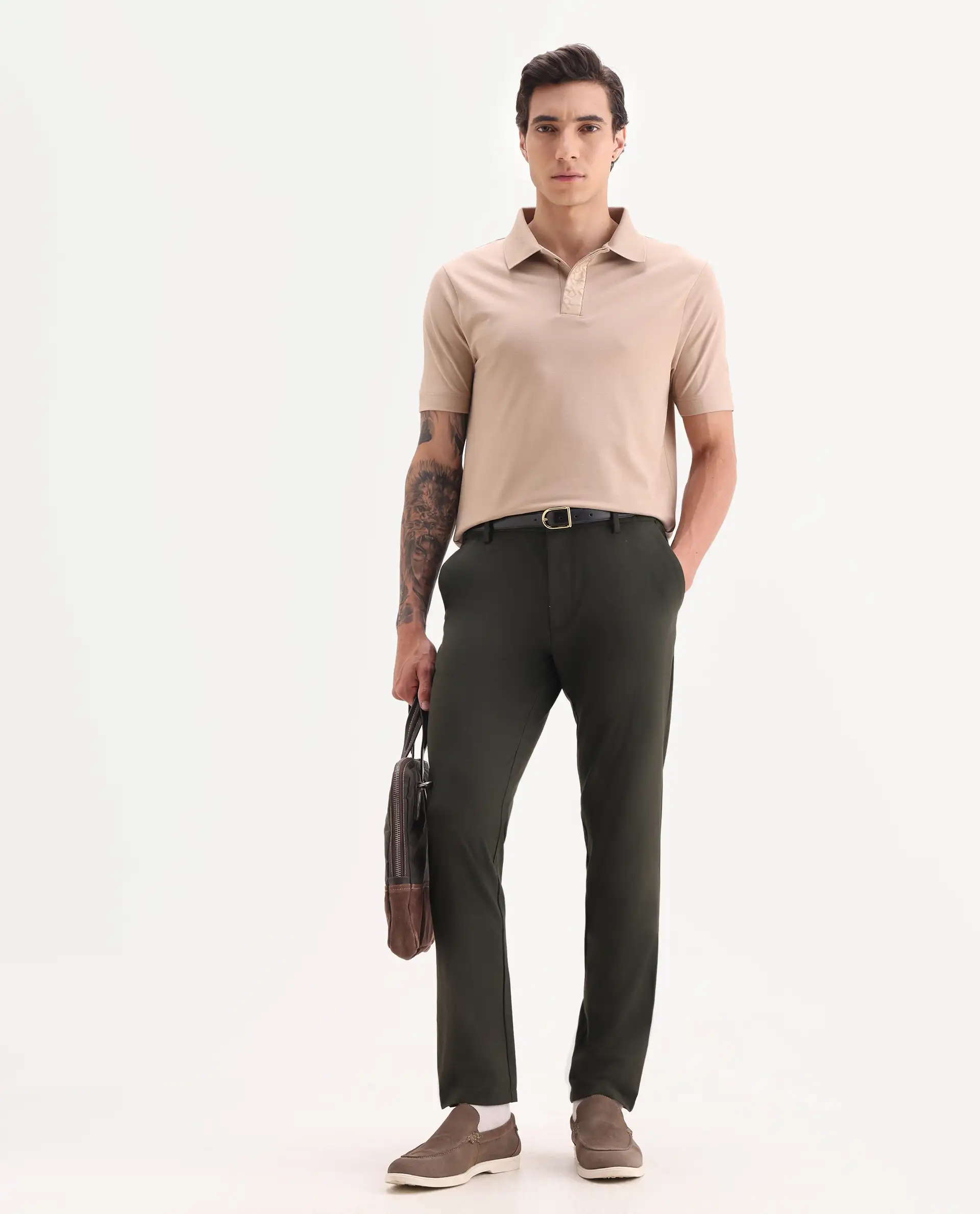 Rare Rabbit Men's Hin Beige Cotton Blend Fabric Half Sleeve Spread Collar Plain Polo - Image 2