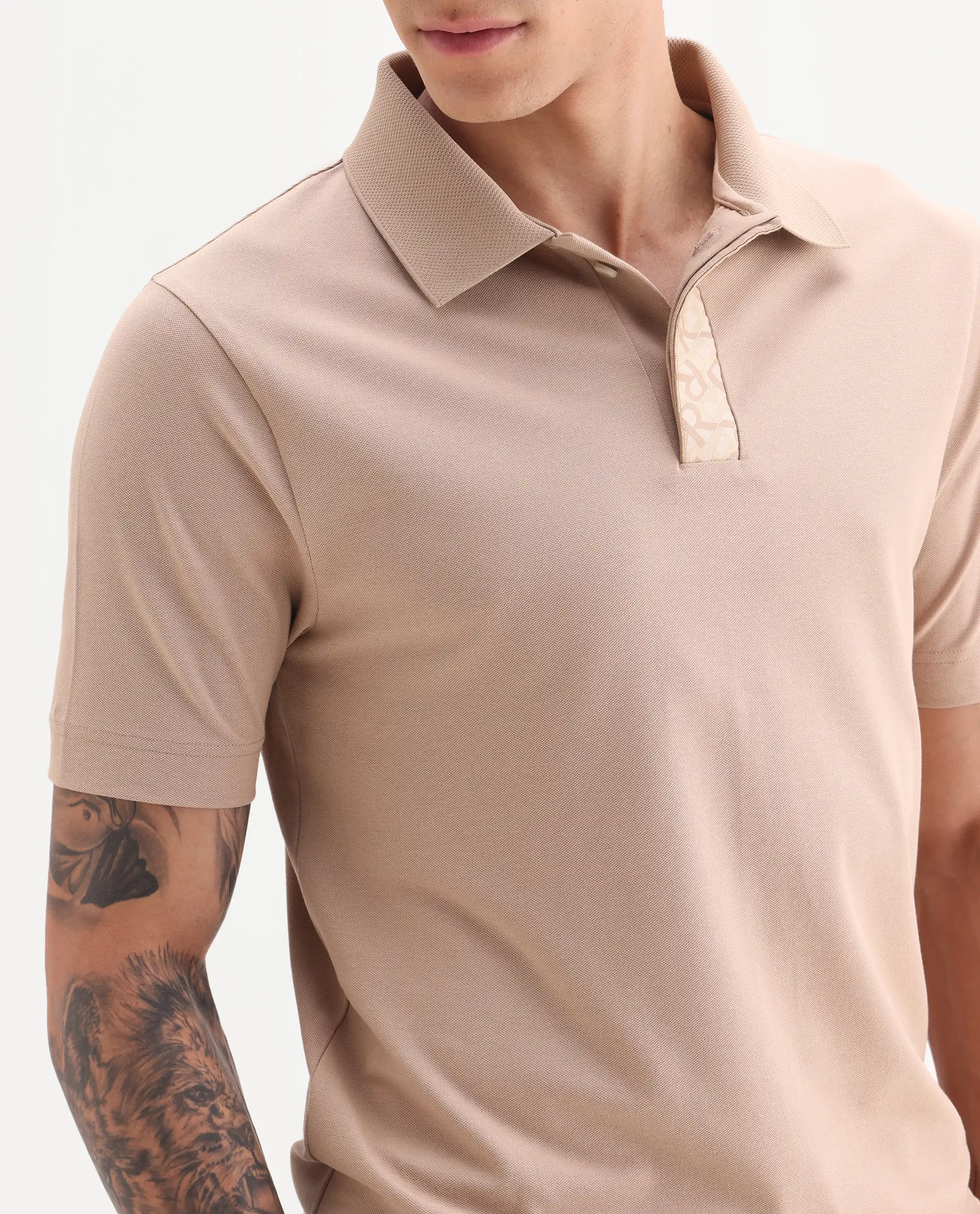 Rare Rabbit Men's Hin Beige Cotton Blend Fabric Half Sleeve Spread Collar Plain Polo - Image 3