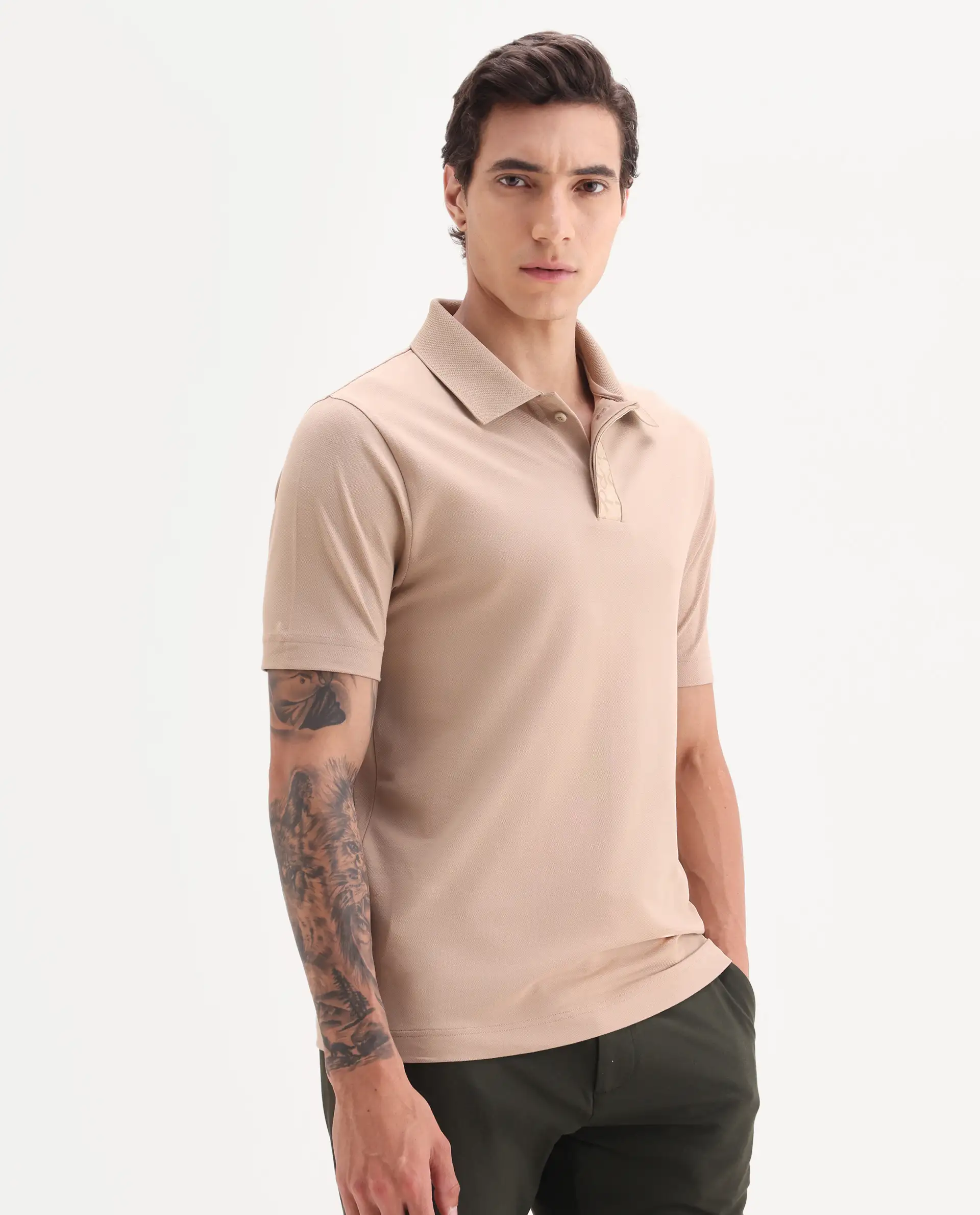 Rare Rabbit Men's Hin Beige Cotton Blend Fabric Half Sleeve Spread Collar Plain Polo - Image 4