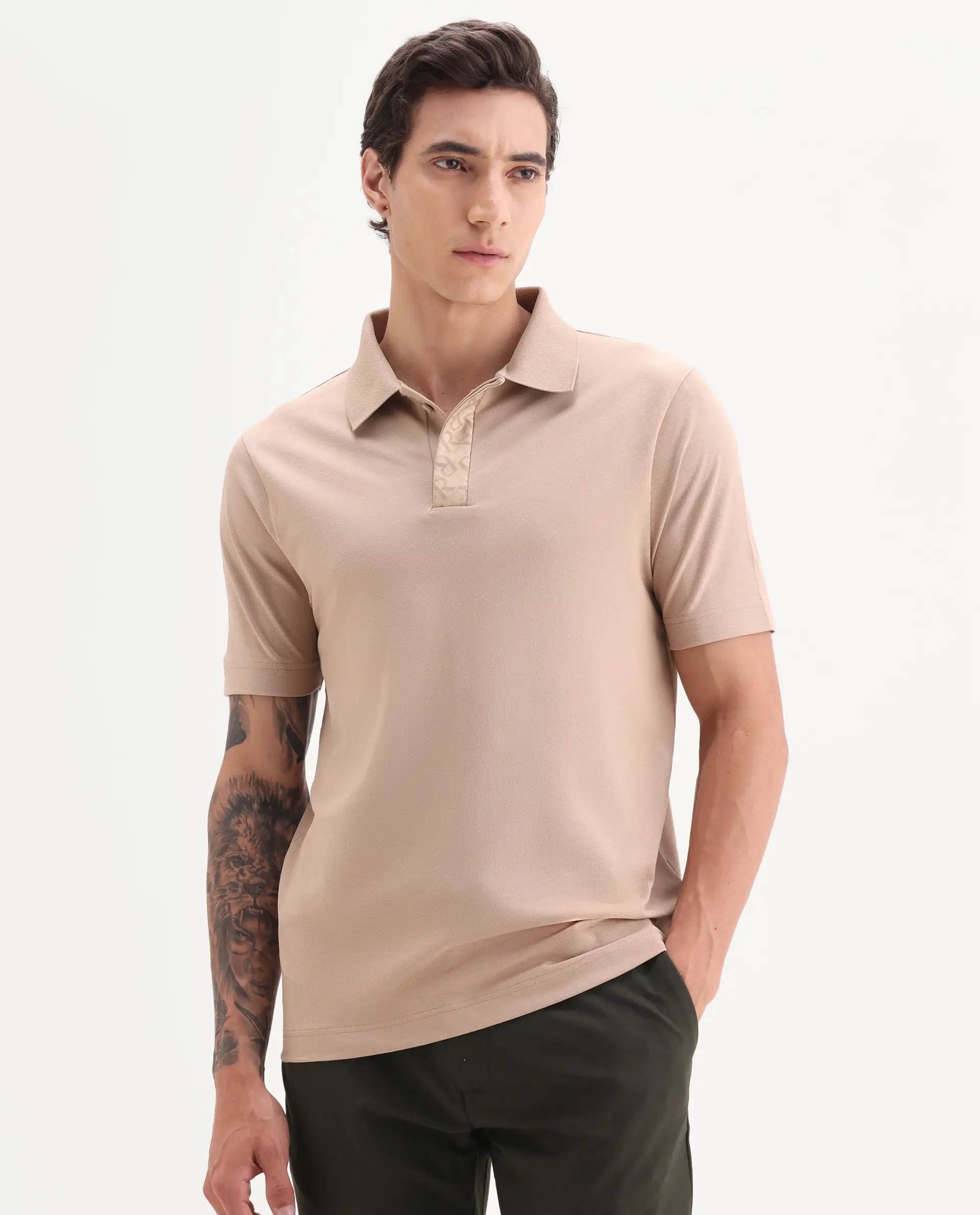 Rare Rabbit Men's Hin Beige Cotton Blend Fabric Half Sleeve Spread Collar Plain Polo - Image 5