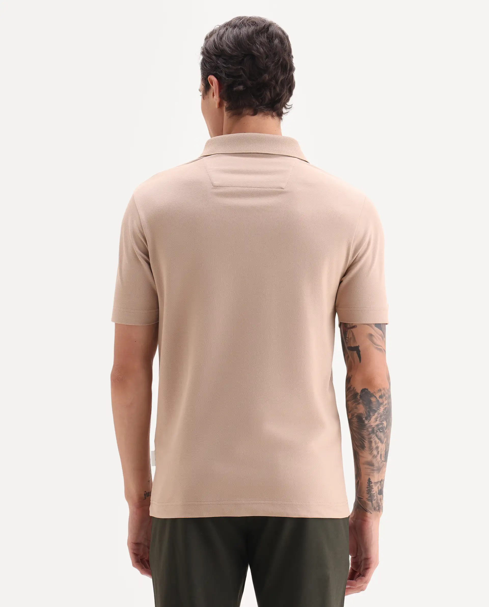 Rare Rabbit Men's Hin Beige Cotton Blend Fabric Half Sleeve Spread Collar Plain Polo - Image 6