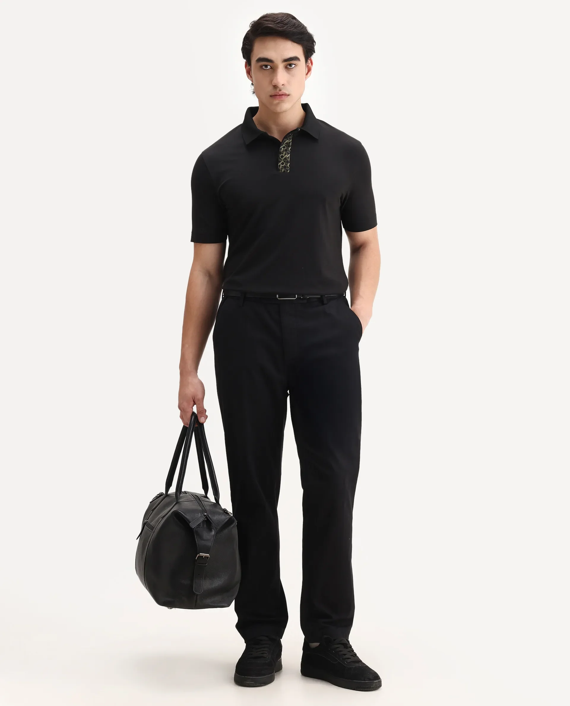 Rare Rabbit Men's Hin Black Cotton Blend Fabric Half Sleeve Spread Collar Plain Polo - Image 2