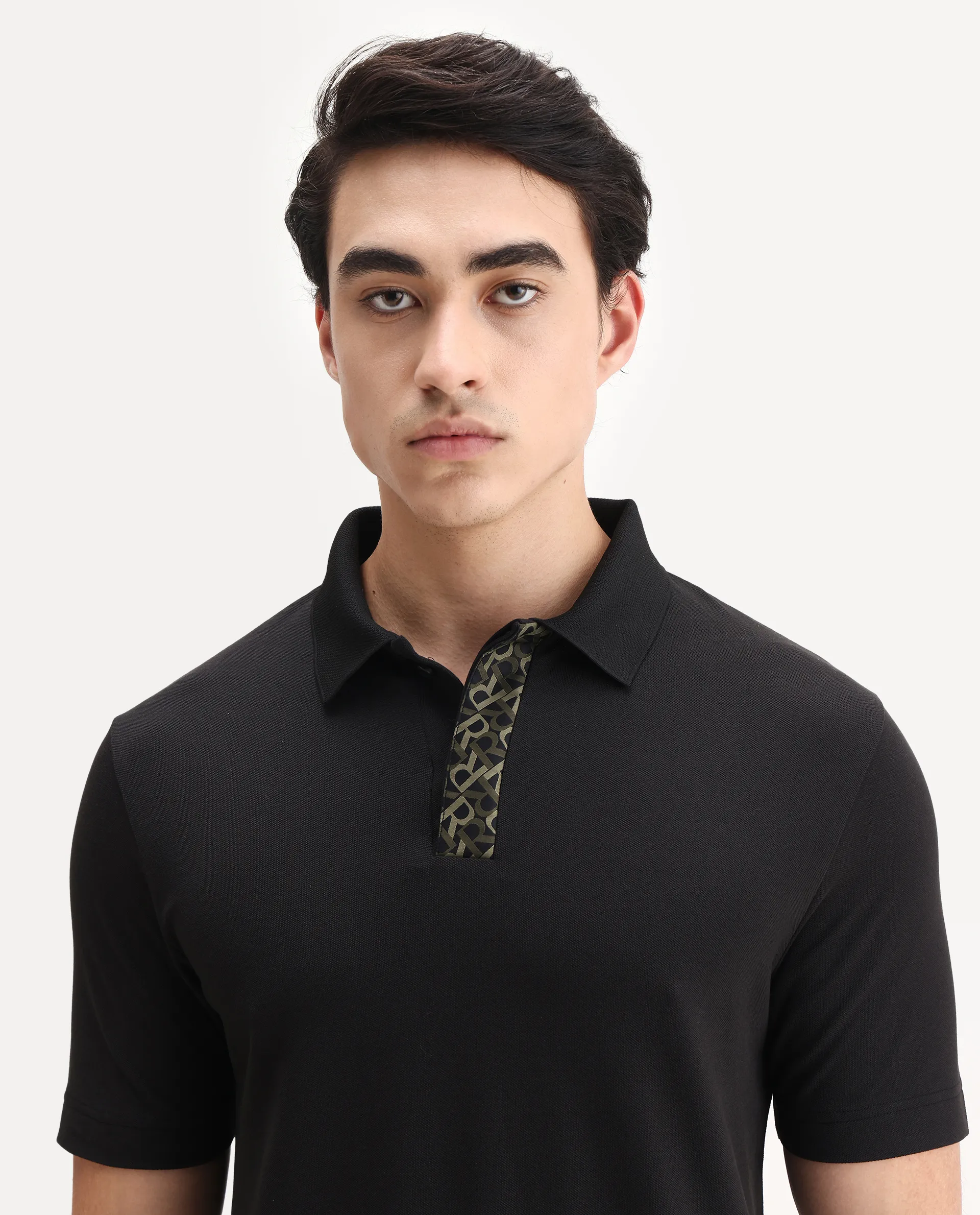 Rare Rabbit Men's Hin Black Cotton Blend Fabric Half Sleeve Spread Collar Plain Polo - Image 3