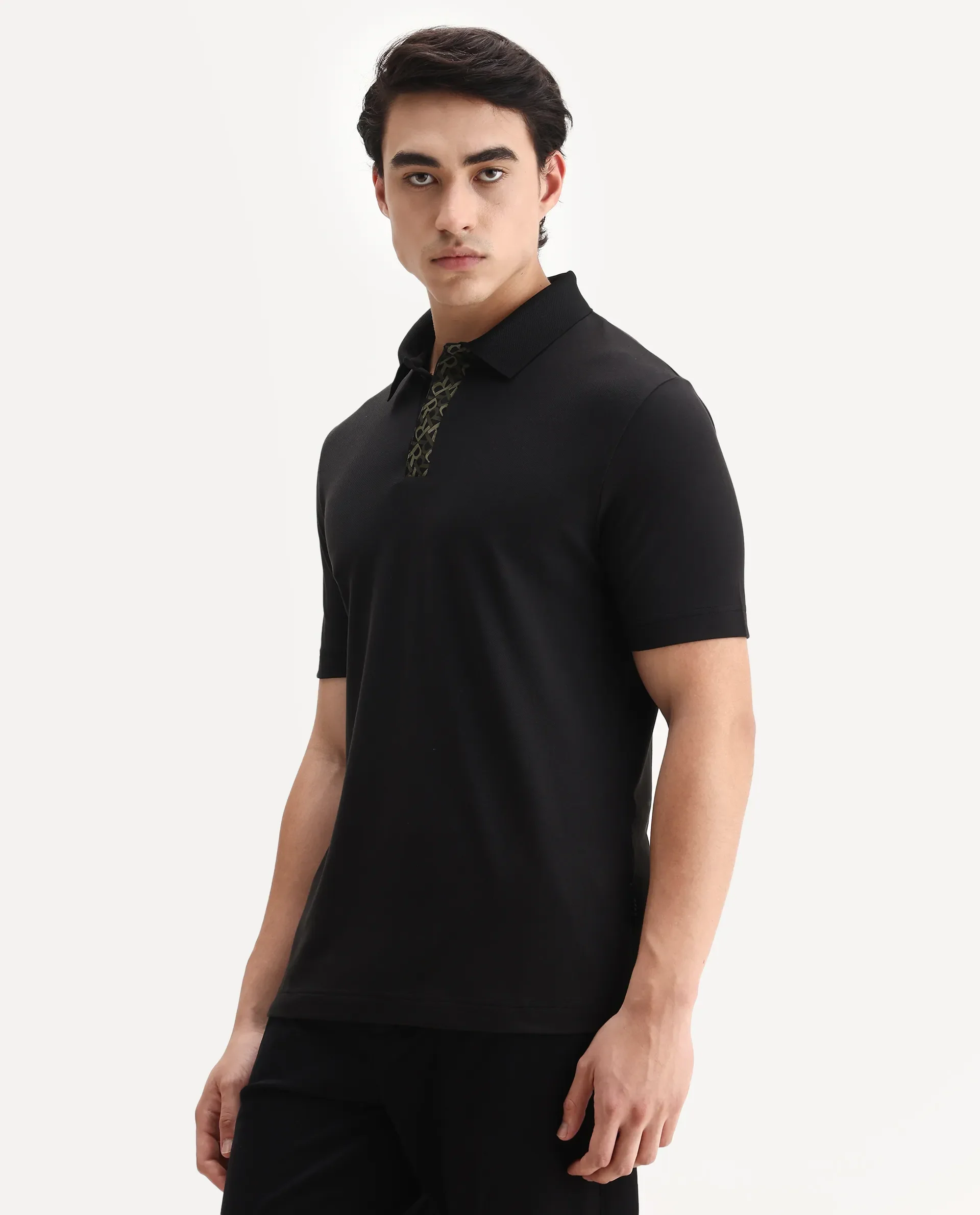 Rare Rabbit Men's Hin Black Cotton Blend Fabric Half Sleeve Spread Collar Plain Polo - Image 4