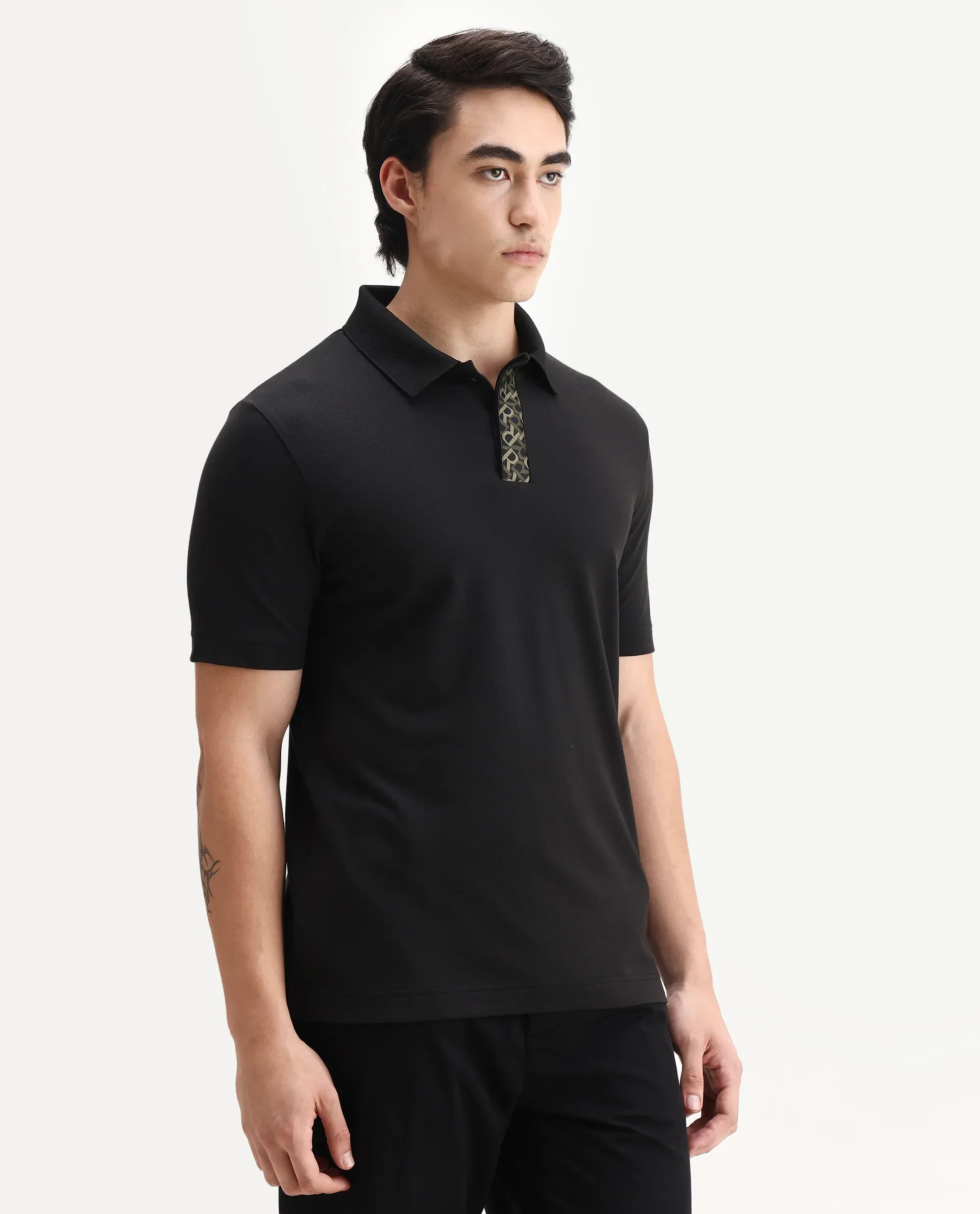 Rare Rabbit Men's Hin Black Cotton Blend Fabric Half Sleeve Spread Collar Plain Polo - Image 5