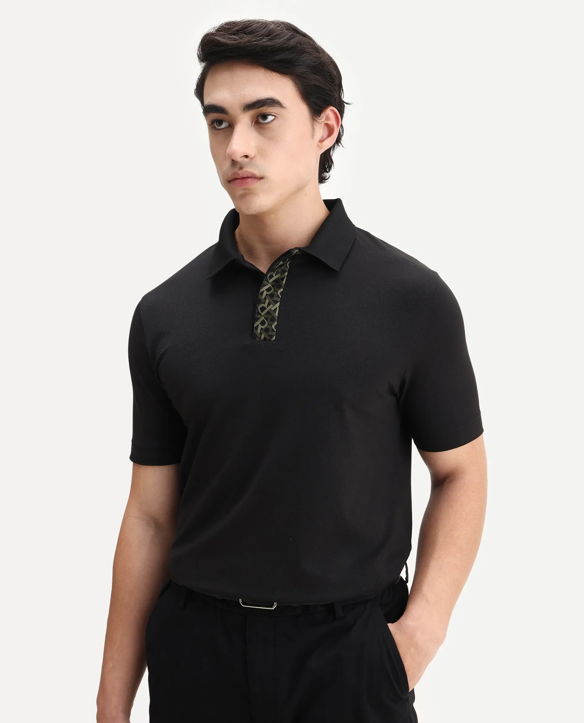 Rare Rabbit Men's Hin Black Cotton Blend Fabric Half Sleeve Spread Collar Plain Polo - Image 6