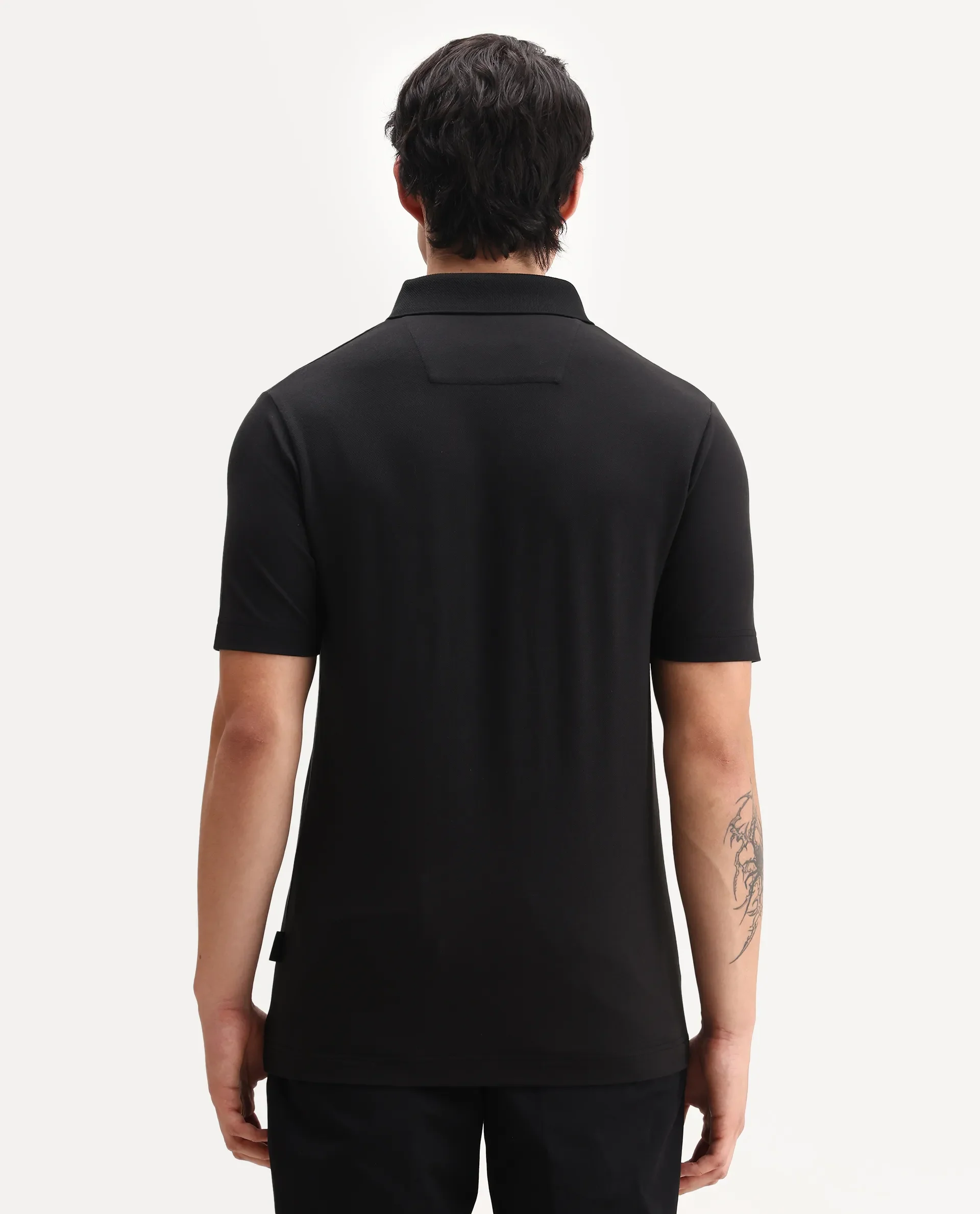 Rare Rabbit Men's Hin Black Cotton Blend Fabric Half Sleeve Spread Collar Plain Polo - Image 7