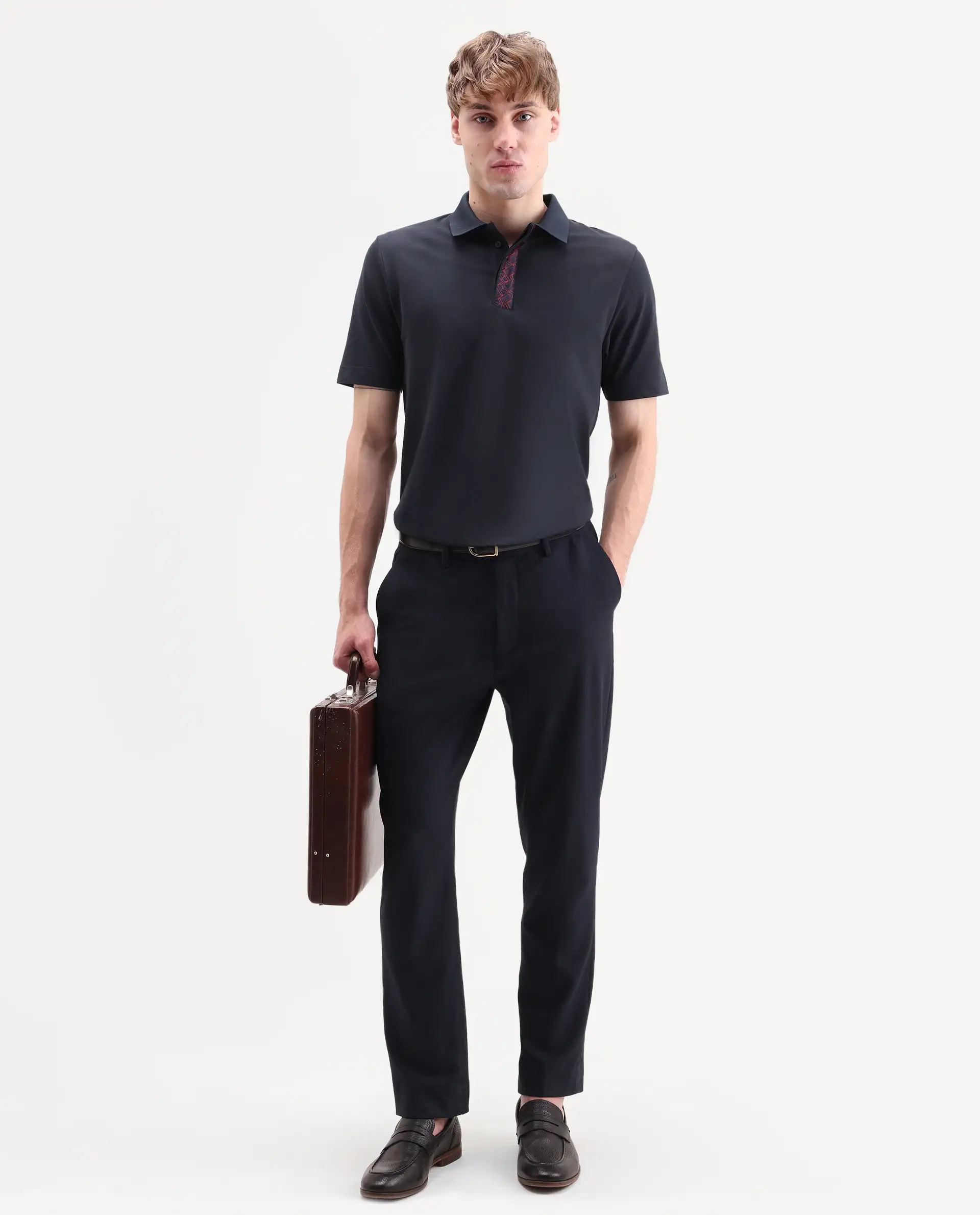 Rare Rabbit Men's Hin-S26 Navy Cotton Blend Fabric Half Sleeve Spread Collar Regular Fit Plain Polo - Image 2