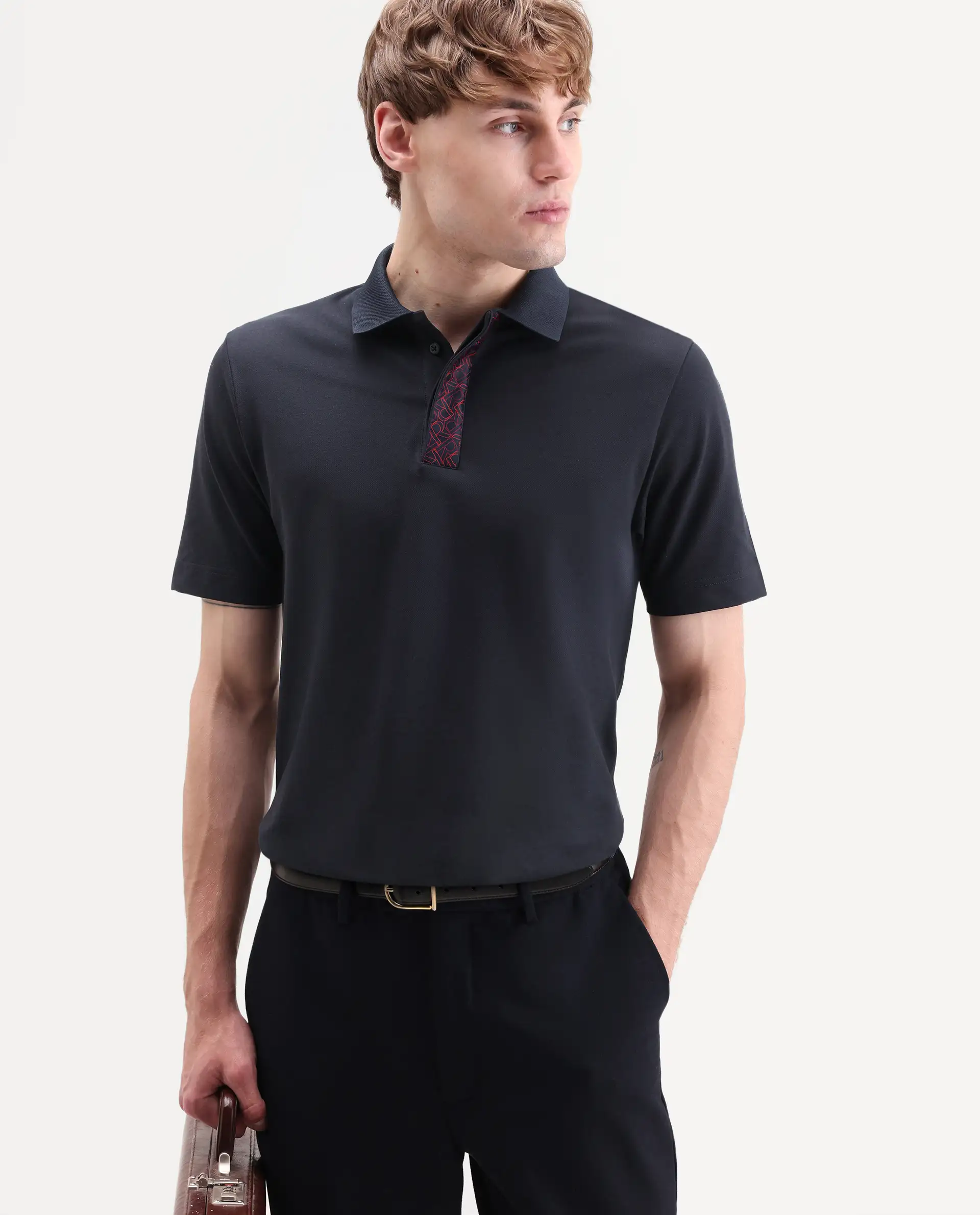 Rare Rabbit Men's Hin-S26 Navy Cotton Blend Fabric Half Sleeve Spread Collar Regular Fit Plain Polo - Image 3