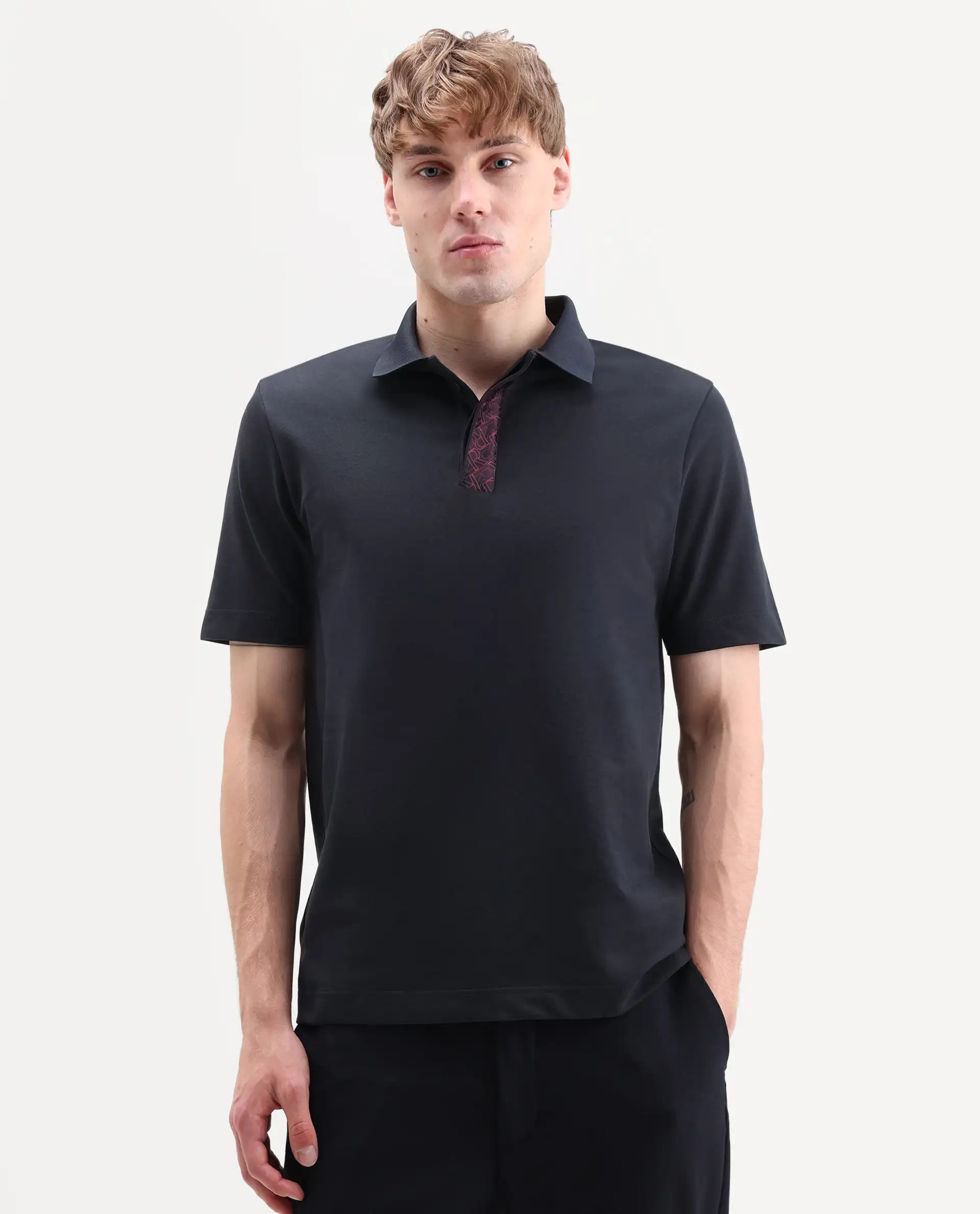 Rare Rabbit Men's Hin-S26 Navy Cotton Blend Fabric Half Sleeve Spread Collar Regular Fit Plain Polo - Image 4