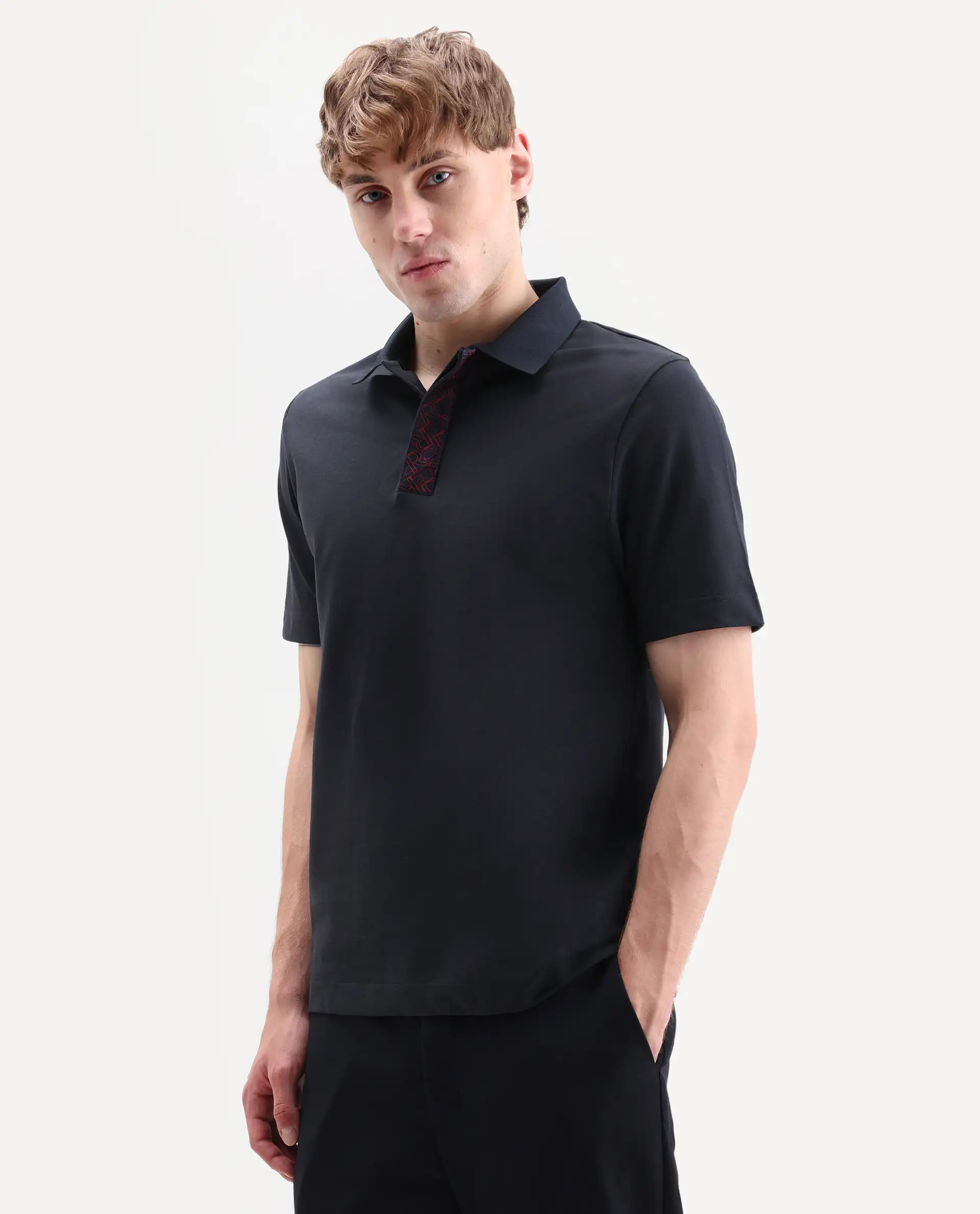 Rare Rabbit Men's Hin-S26 Navy Cotton Blend Fabric Half Sleeve Spread Collar Regular Fit Plain Polo - Image 5