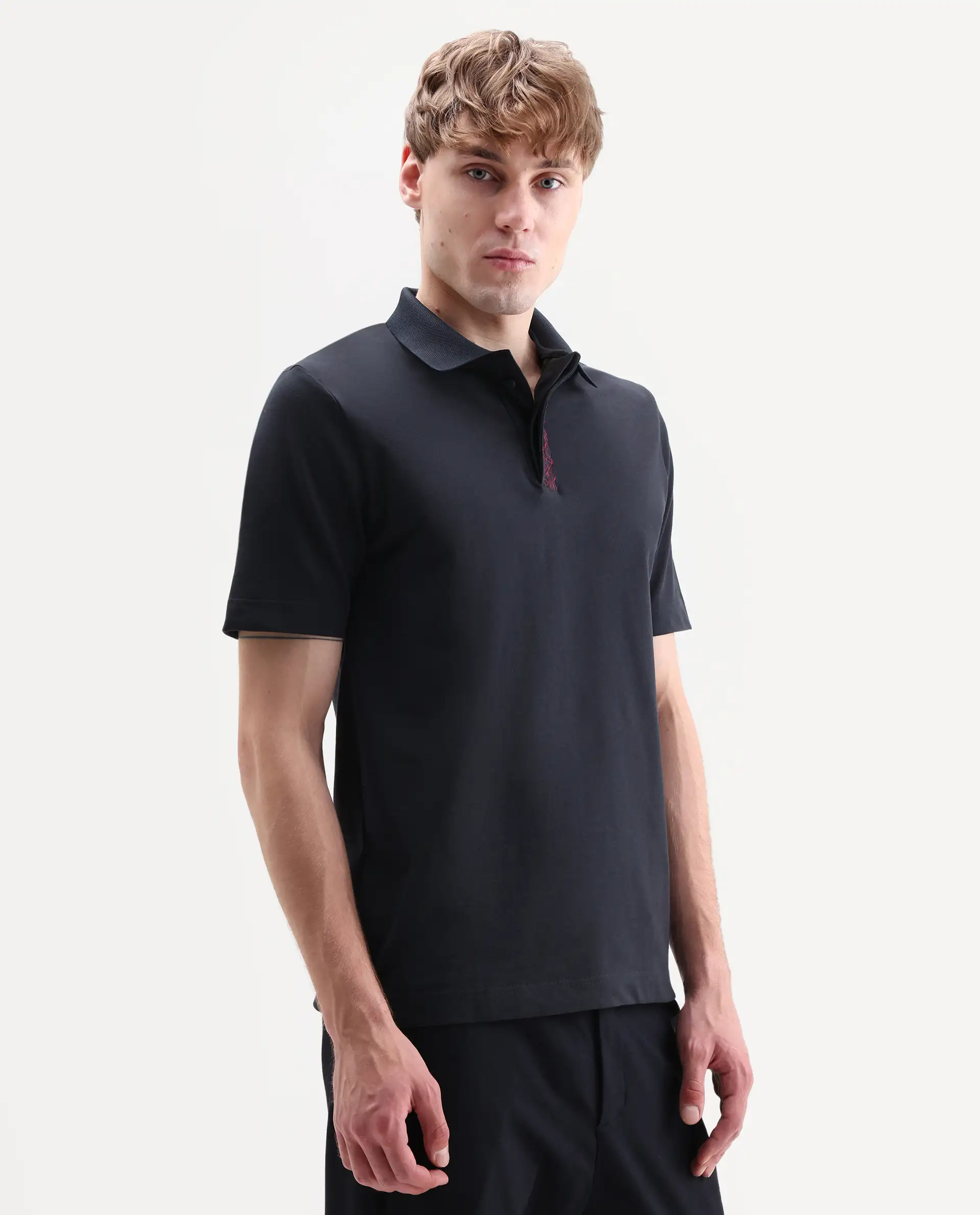 Rare Rabbit Men's Hin-S26 Navy Cotton Blend Fabric Half Sleeve Spread Collar Regular Fit Plain Polo - Image 6