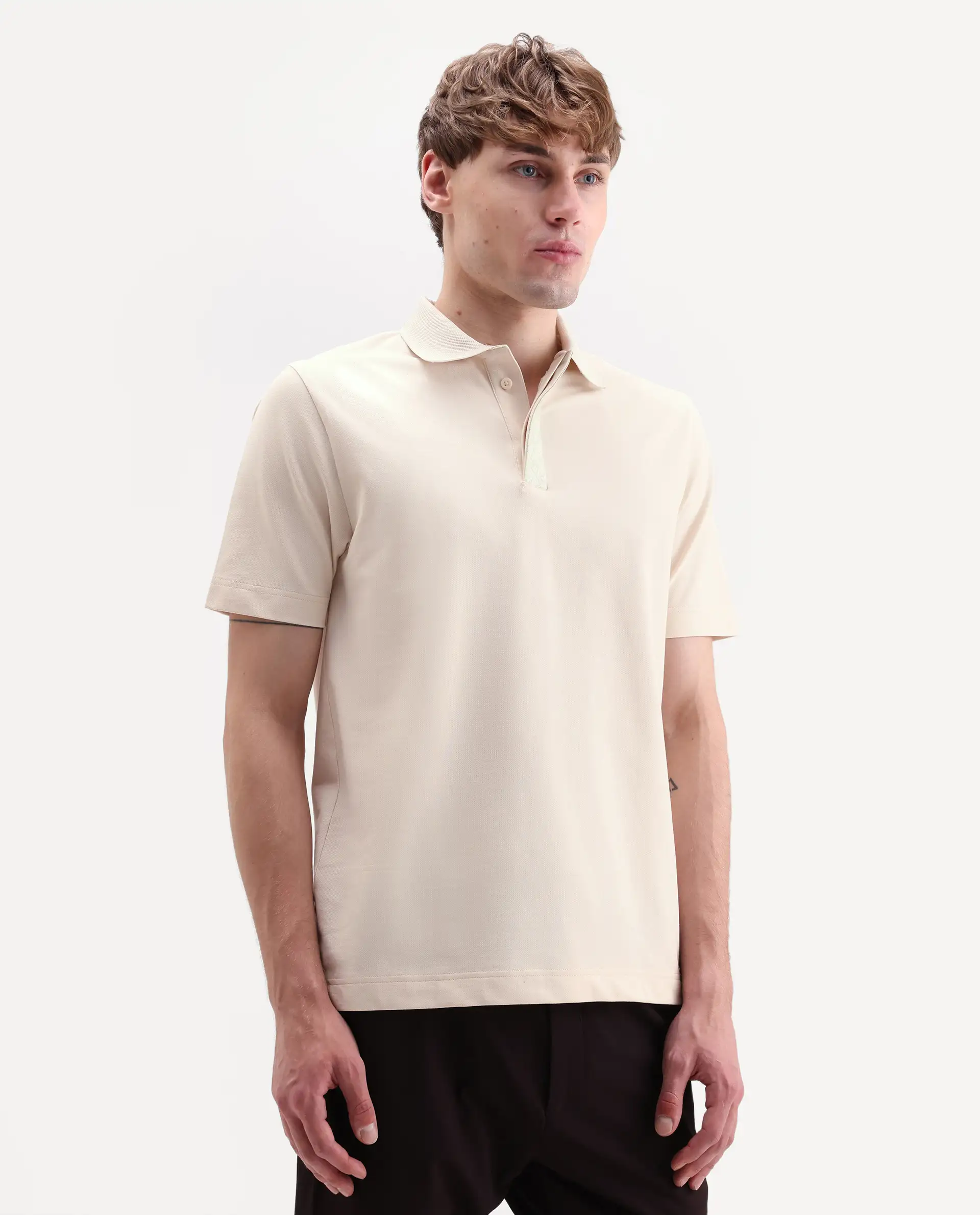 Rare Rabbit Men's Hin-S26 Off White Cotton Blend Fabric Half Sleeve Spread Collar Regular Fit Plain Polo - Image 4