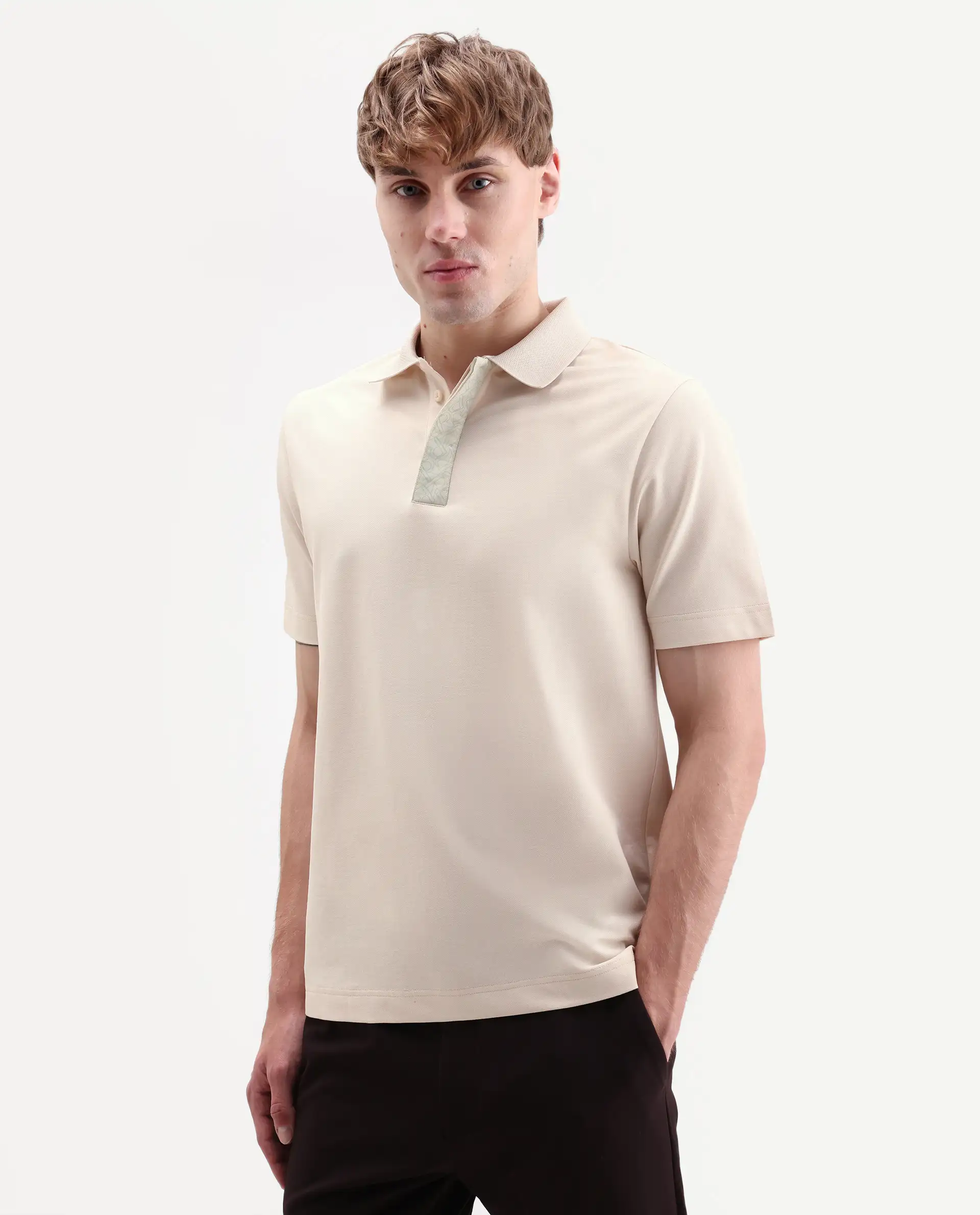 Rare Rabbit Men's Hin-S26 Off White Cotton Blend Fabric Half Sleeve Spread Collar Regular Fit Plain Polo - Image 5