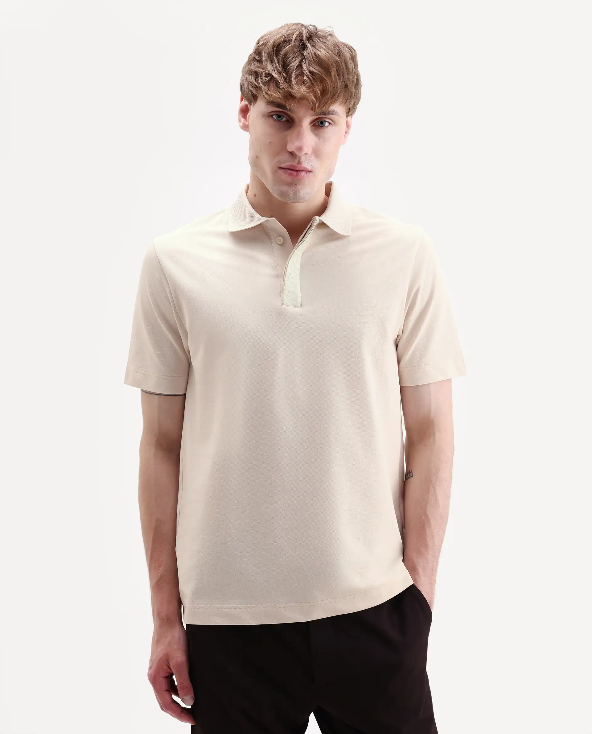 Rare Rabbit Men's Hin-S26 Off White Cotton Blend Fabric Half Sleeve Spread Collar Regular Fit Plain Polo - Image 6