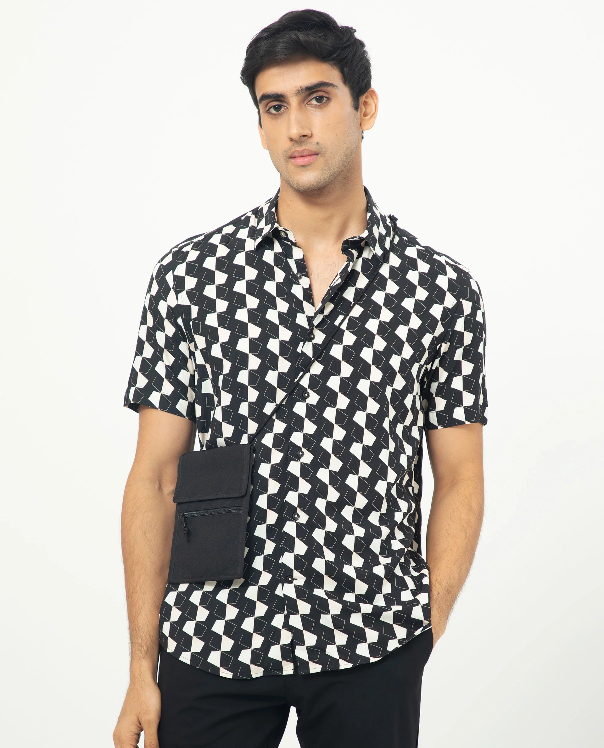 Rare Rabbit Men's Hinge Black Viscose Geometric Print Regular Fit Half Sleeve Collared Shirt