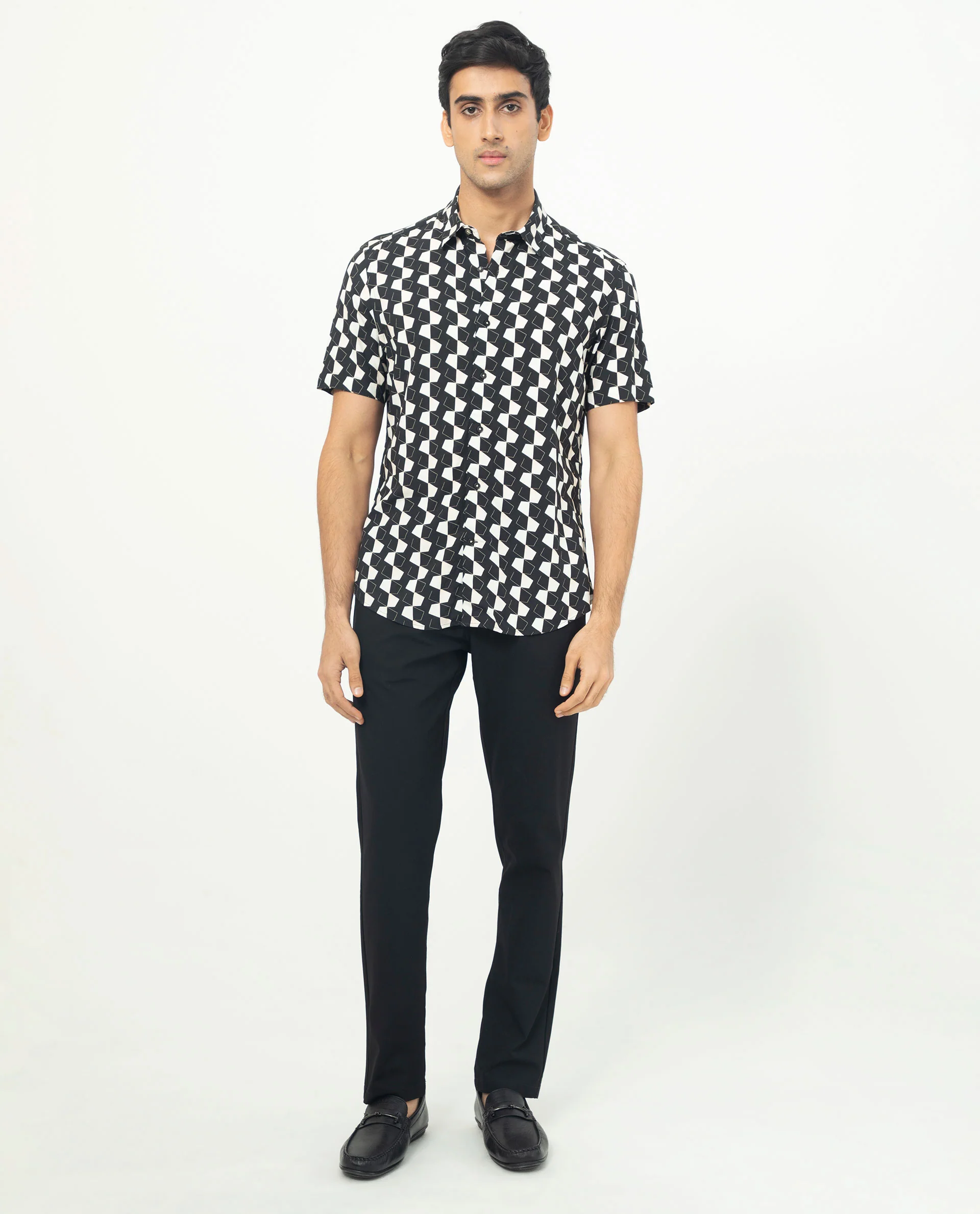 Rare Rabbit Men's Hinge Black Viscose Geometric Print Regular Fit Half Sleeve Collared Shirt - Image 2