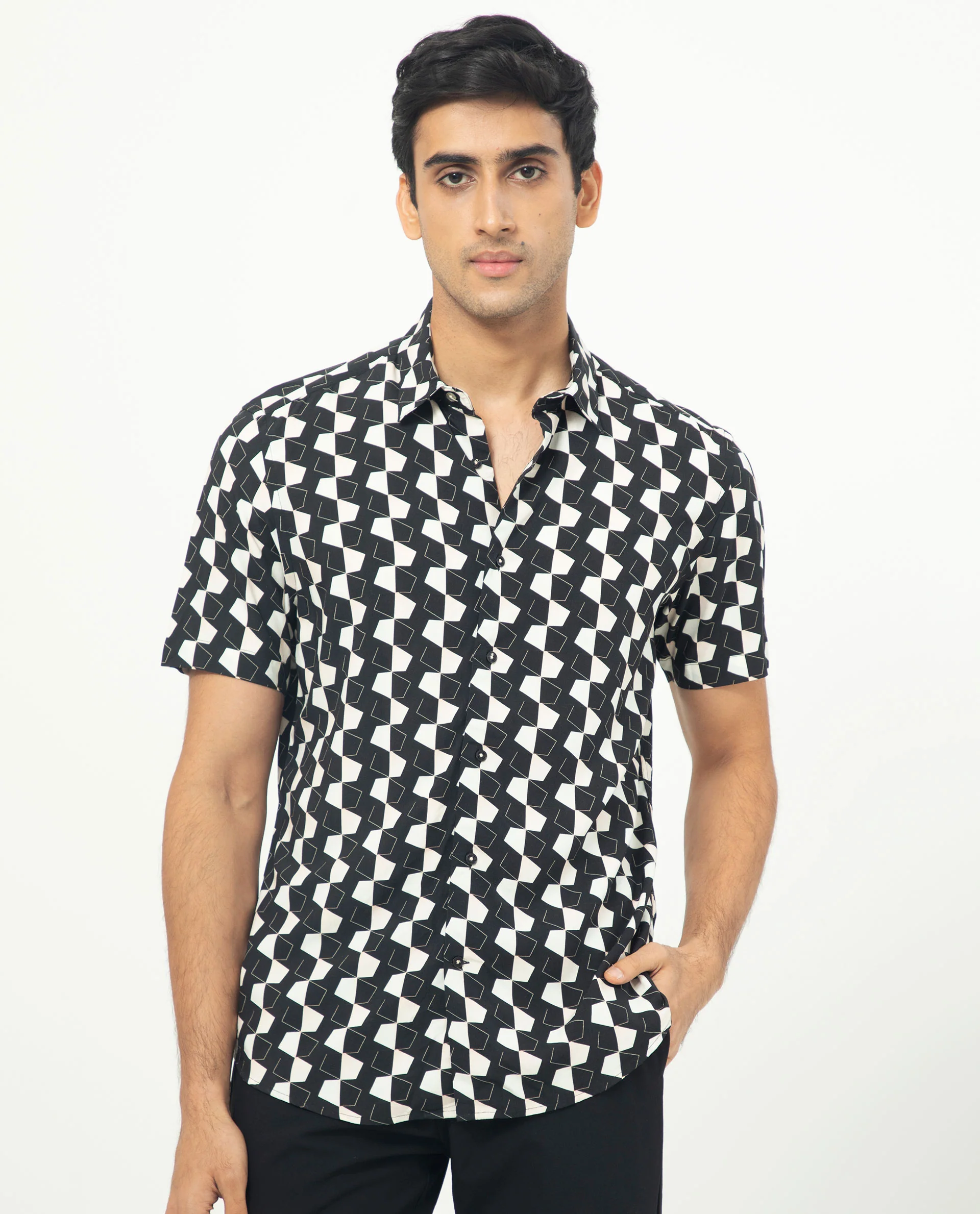 Rare Rabbit Men's Hinge Black Viscose Geometric Print Regular Fit Half Sleeve Collared Shirt - Image 3