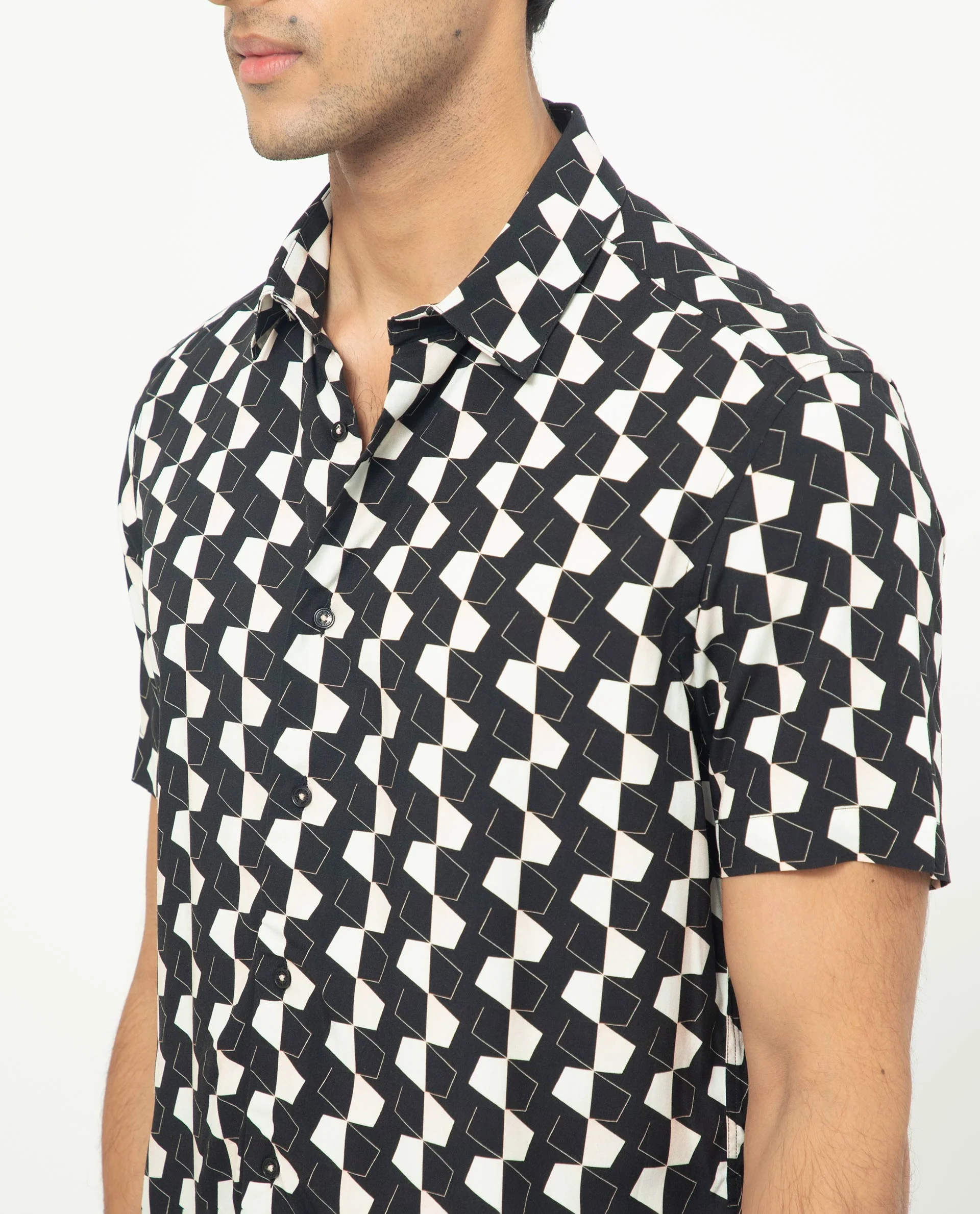 Rare Rabbit Men's Hinge Black Viscose Geometric Print Regular Fit Half Sleeve Collared Shirt - Image 4