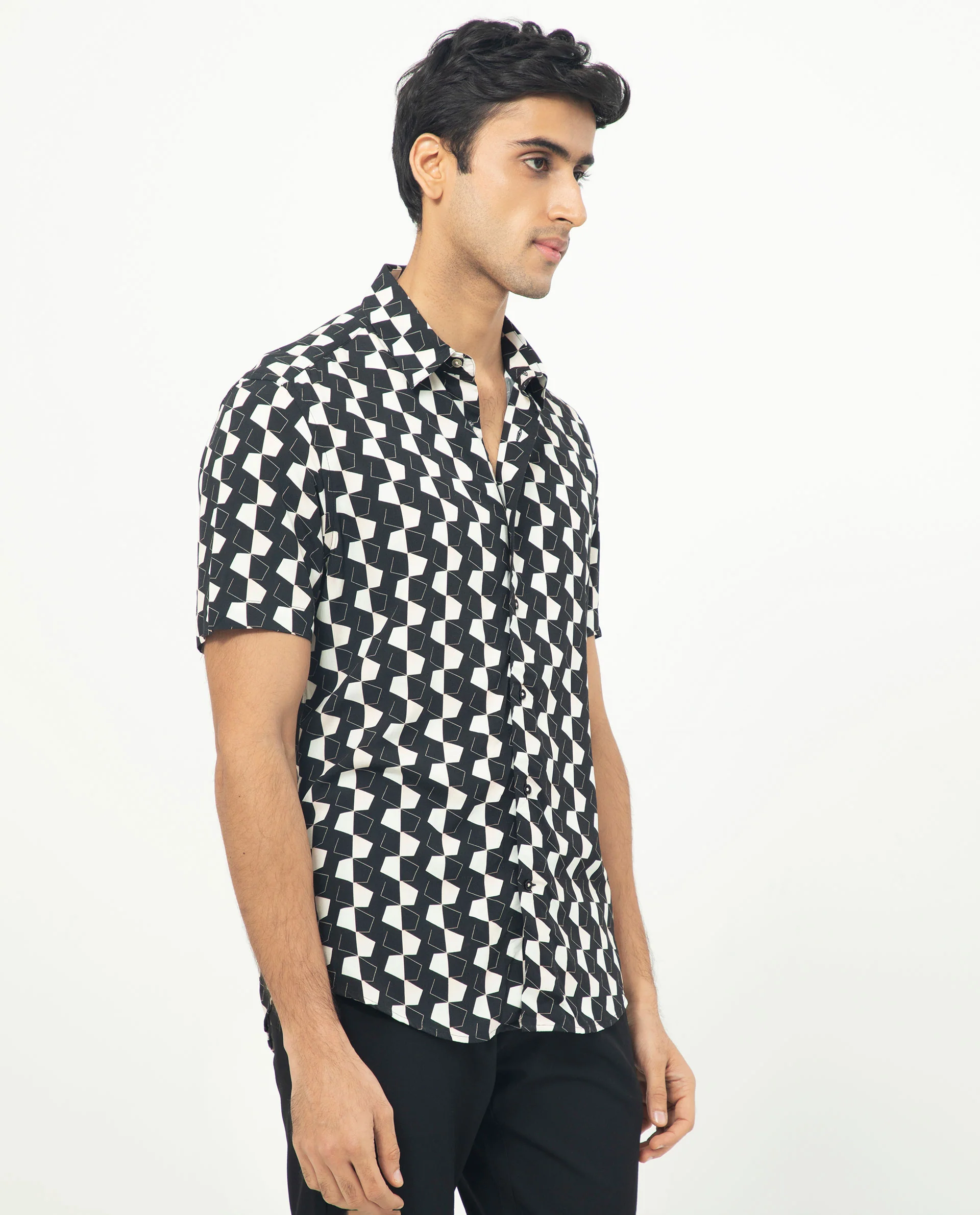 Rare Rabbit Men's Hinge Black Viscose Geometric Print Regular Fit Half Sleeve Collared Shirt - Image 5
