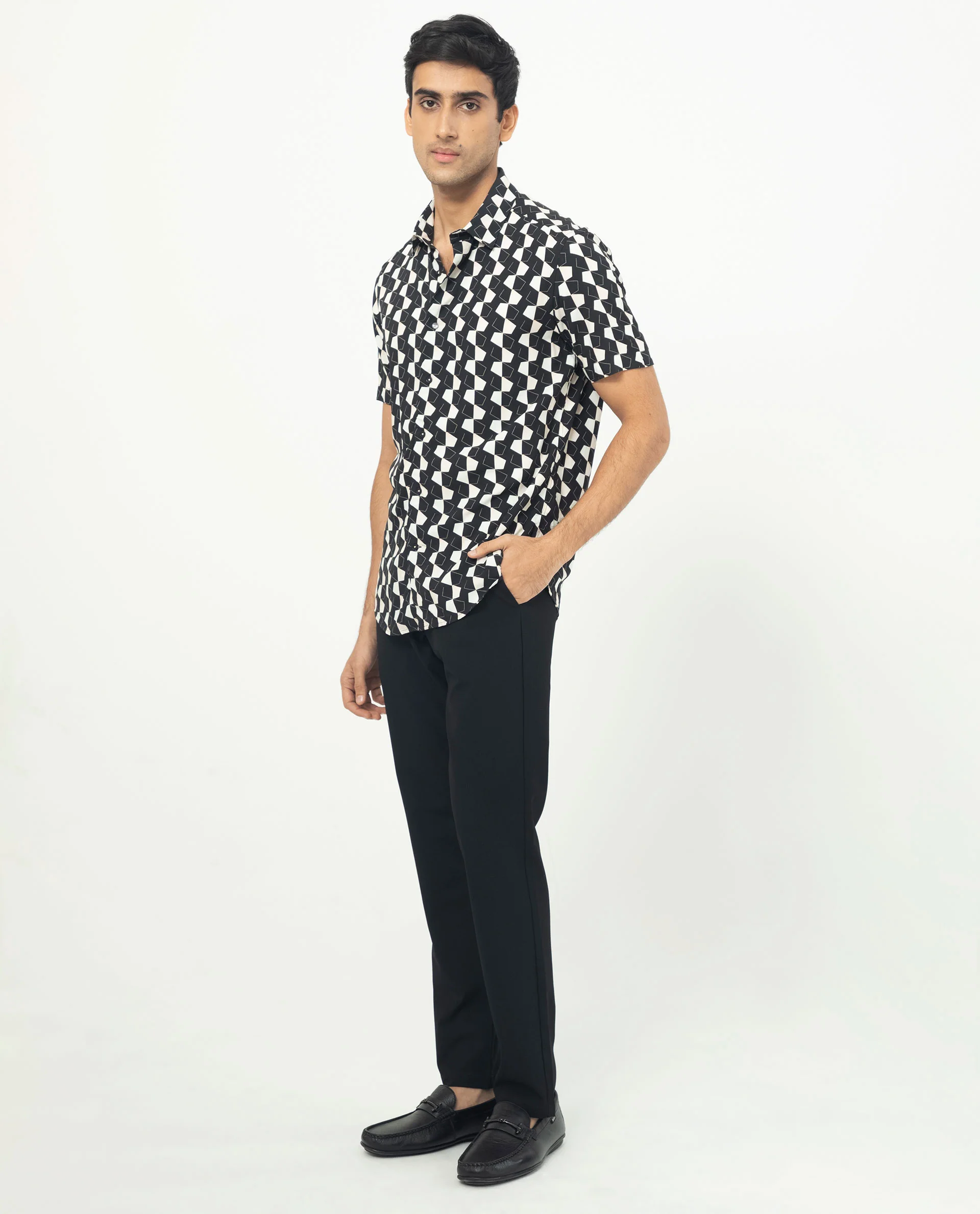 Rare Rabbit Men's Hinge Black Viscose Geometric Print Regular Fit Half Sleeve Collared Shirt - Image 7