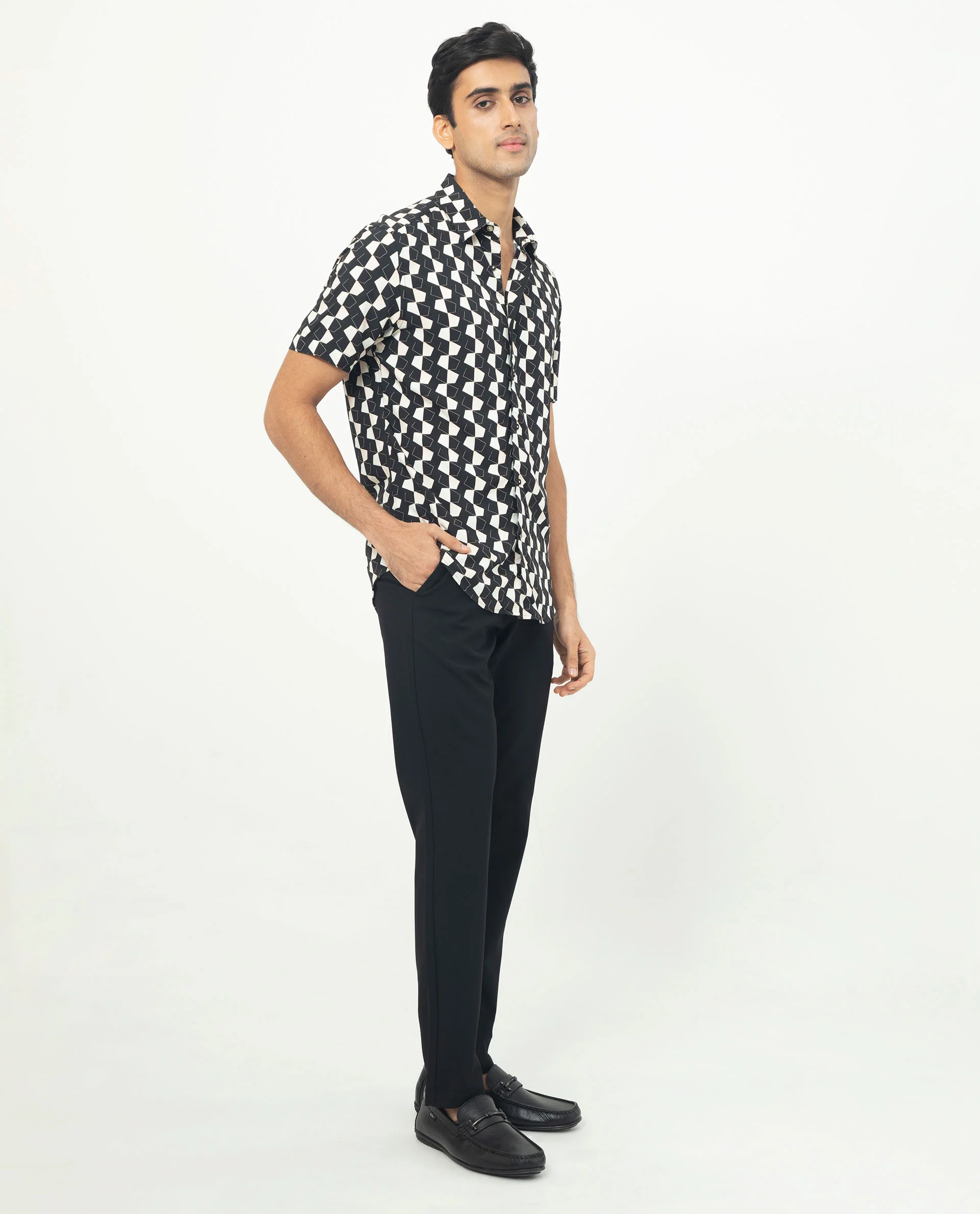 Rare Rabbit Men's Hinge Black Viscose Geometric Print Regular Fit Half Sleeve Collared Shirt - Image 8