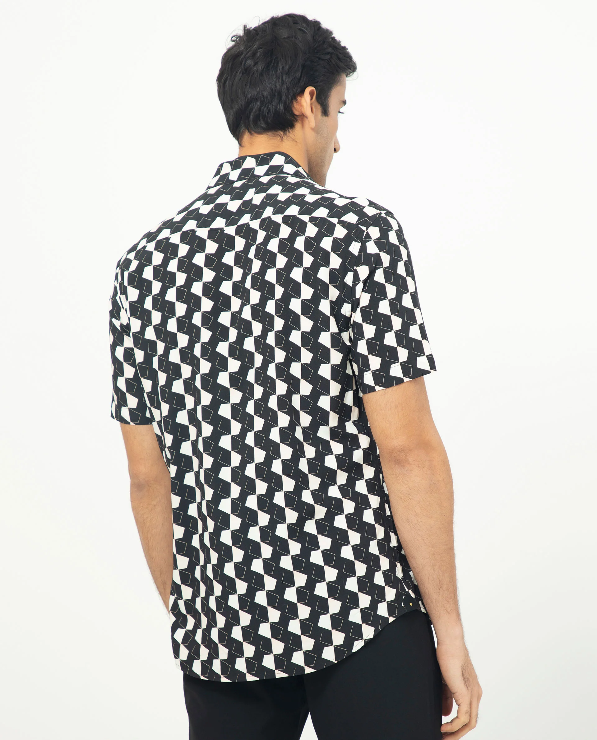 Rare Rabbit Men's Hinge Black Viscose Geometric Print Regular Fit Half Sleeve Collared Shirt - Image 9