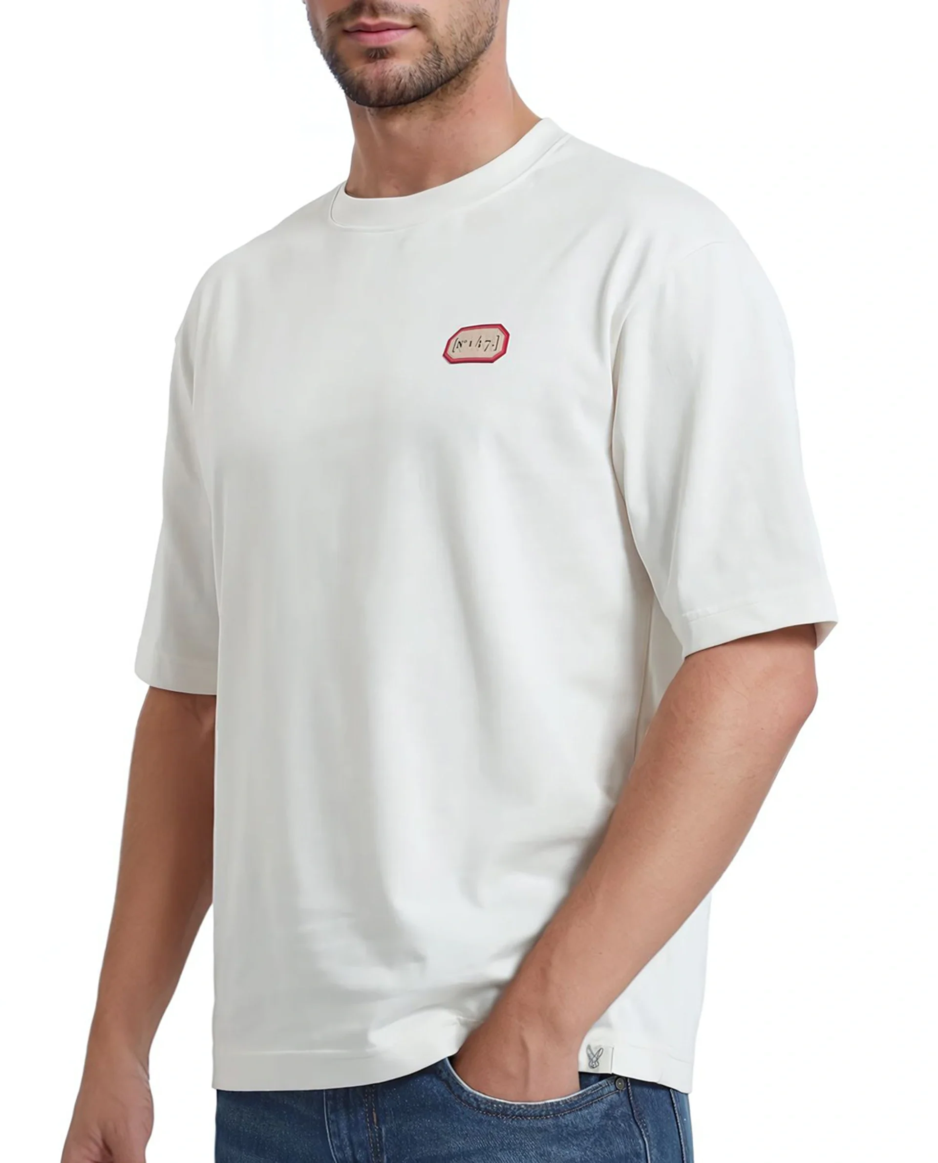 Rare Rabbit Men's Hirm Off White Cotton Graphic Print Qlo Fit Half Sleeve Crew Neck T-Shirt - Image 4