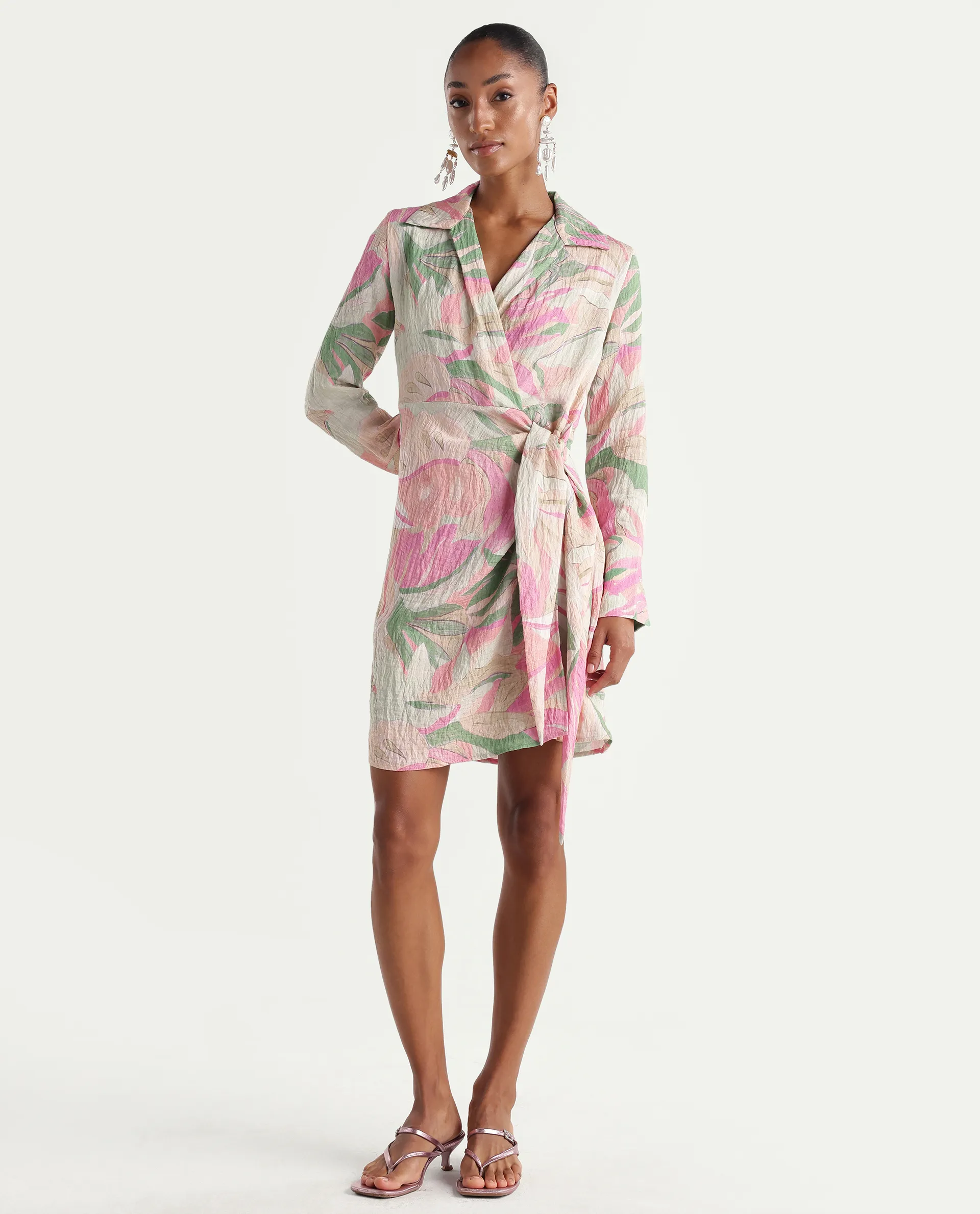 Rareism Women's Hiro Multi Viscose Blend Johnny Collar Wrap Abstract Print Dress - Image 4