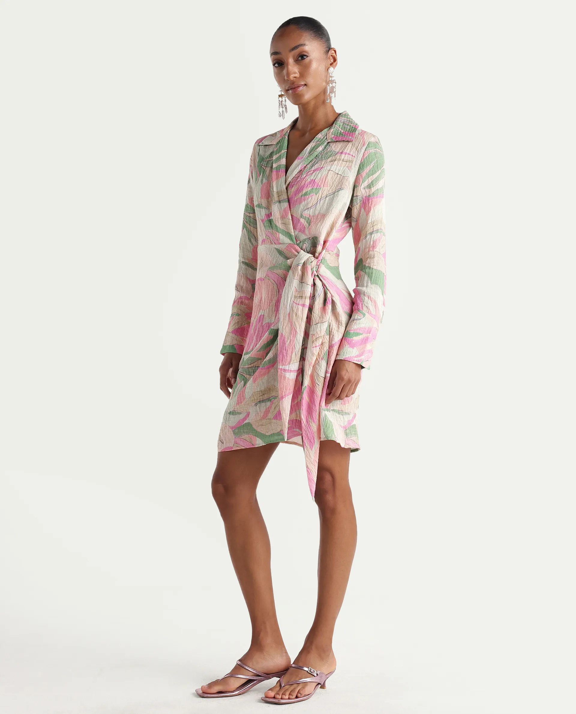 Rareism Women's Hiro Multi Viscose Blend Johnny Collar Wrap Abstract Print Dress - Image 5