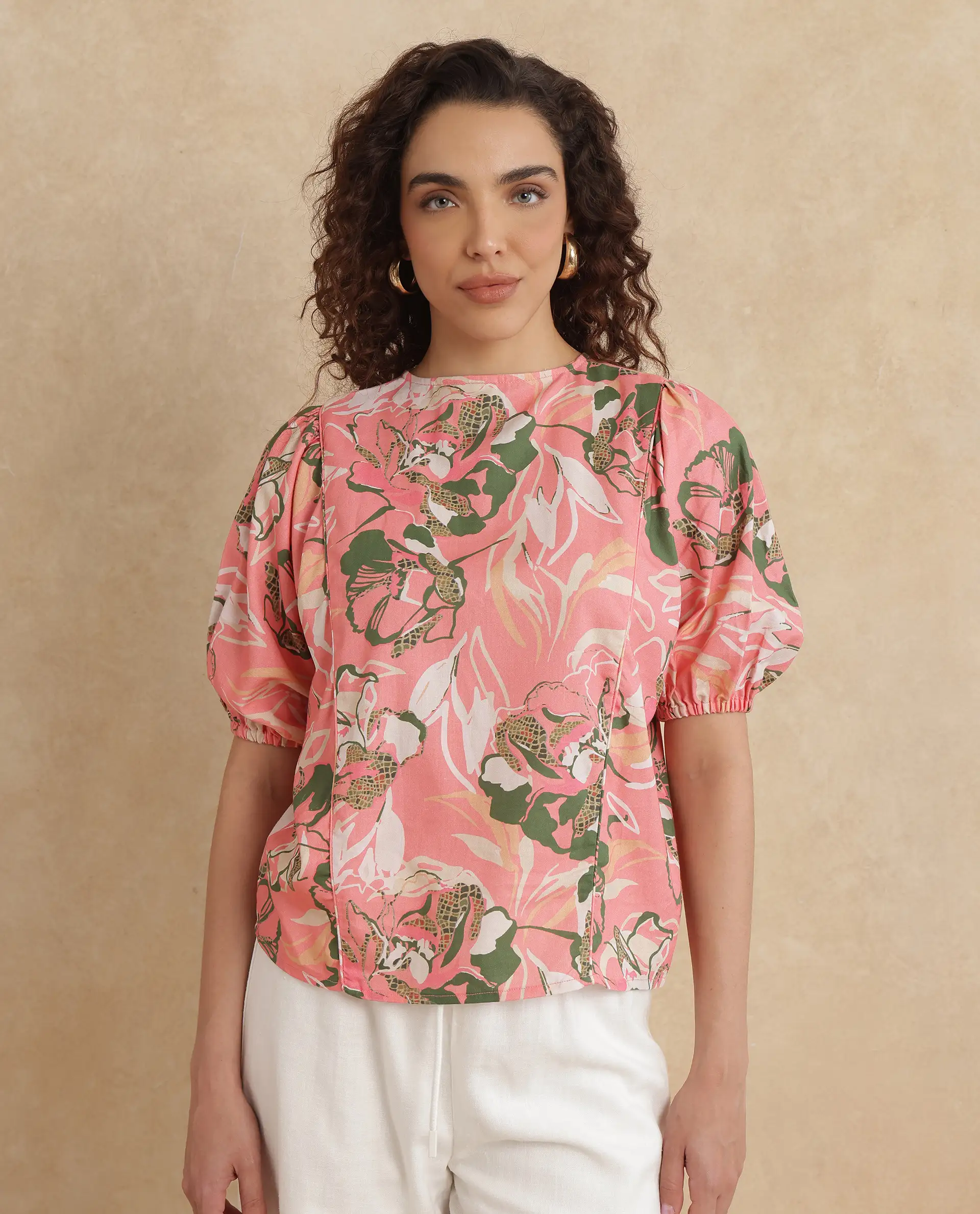 Rareism Women's Hirtemis Pink Cotton Blend Crew Neck Floral Print Balloon Sleeve Regular Fit Top - Image 3